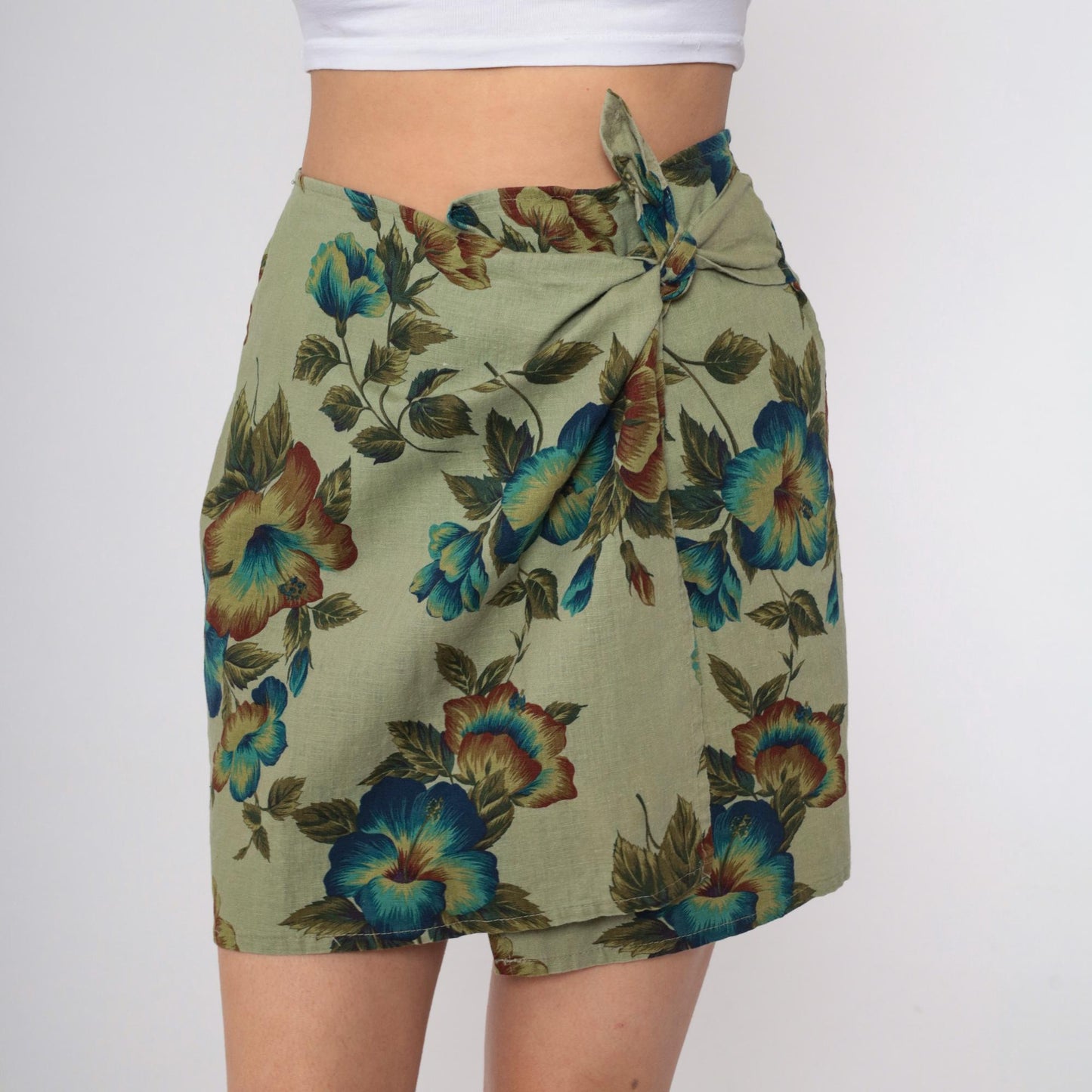 90s Express Tropical Floral Wrap Skirt Green Mini Linen Cotton Small