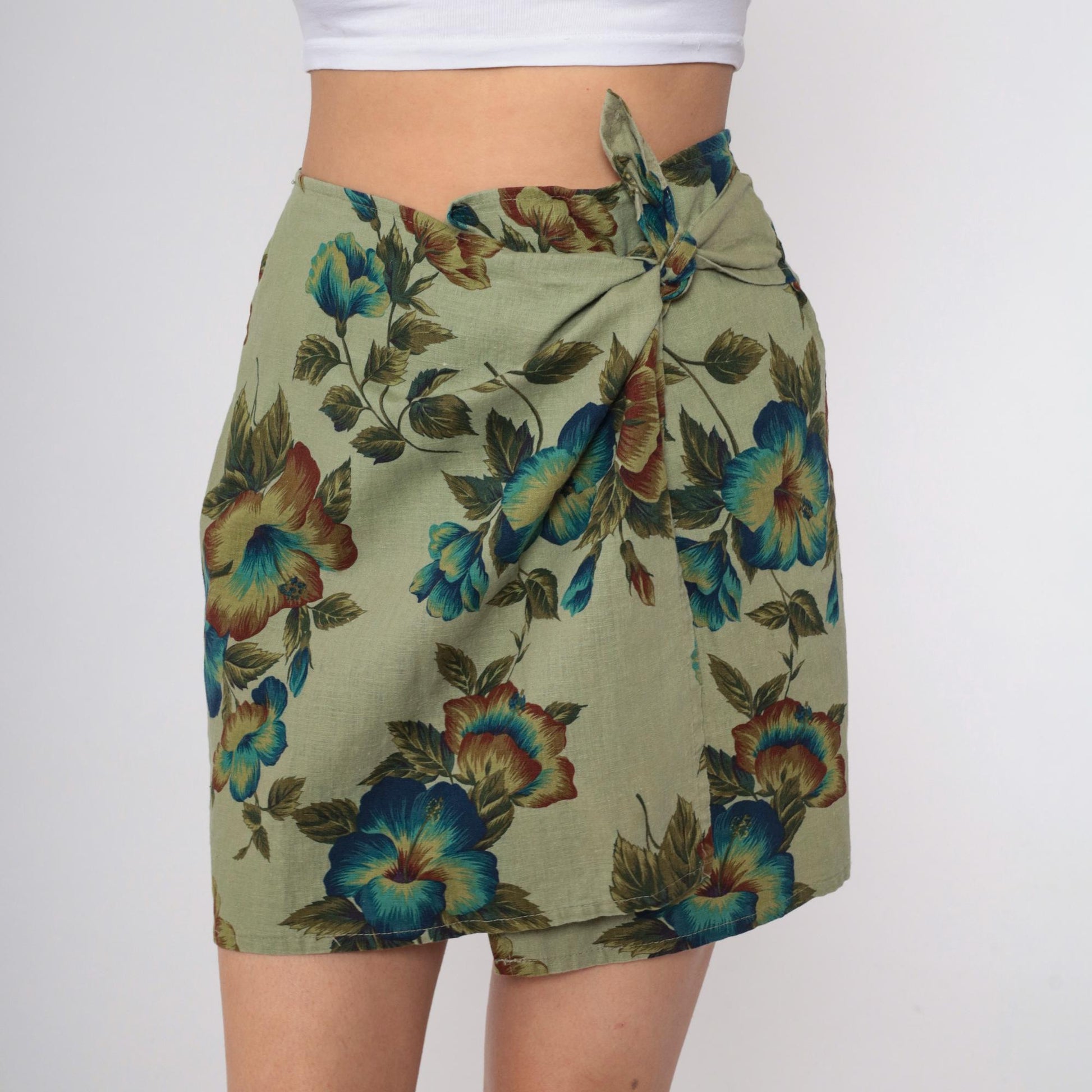 90s Express Tropical Floral Wrap Skirt Green Mini Linen Cotton Small