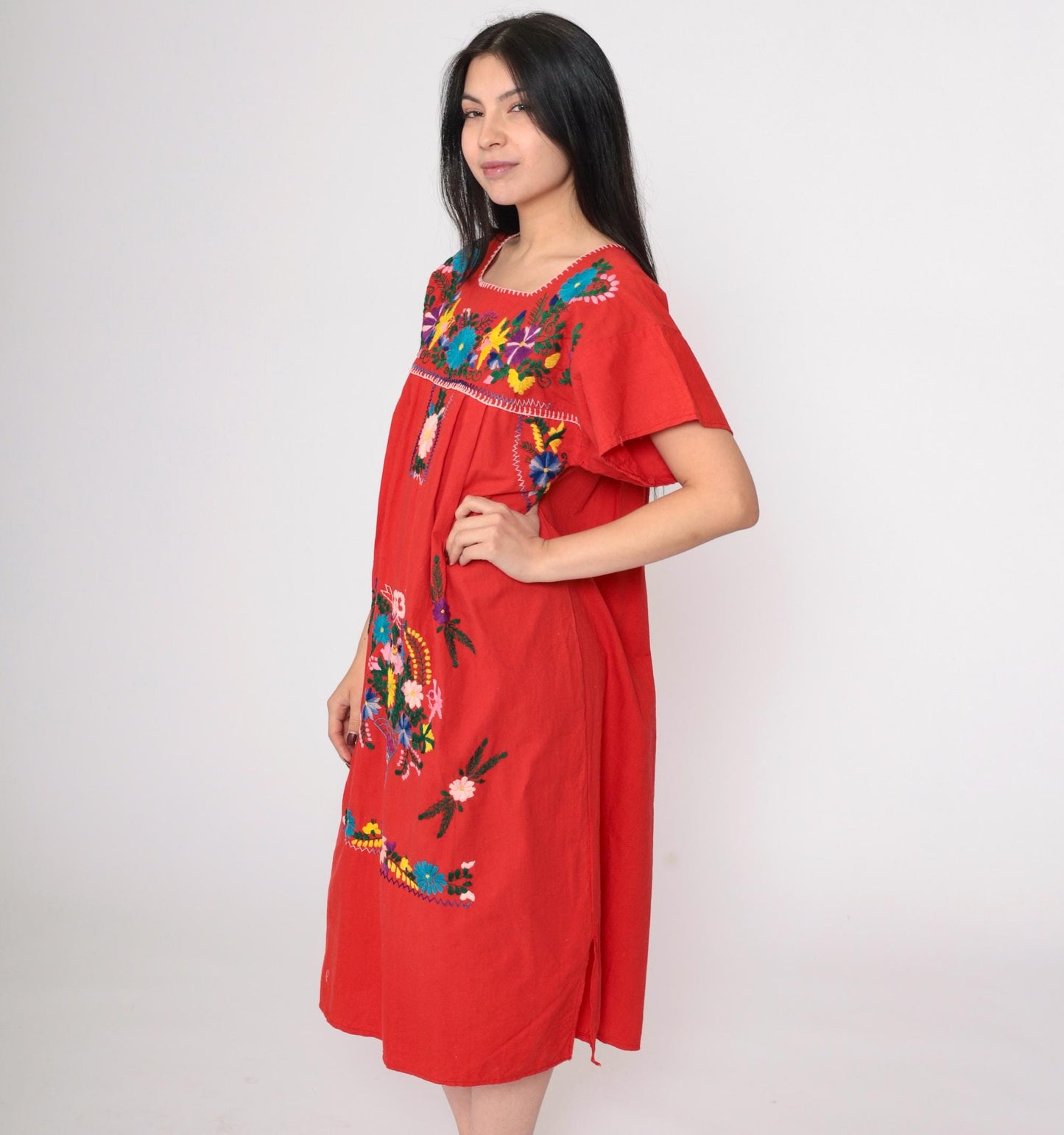 90s Red Mexican Midi Dress Embroidered Floral Short Sleeve Medium