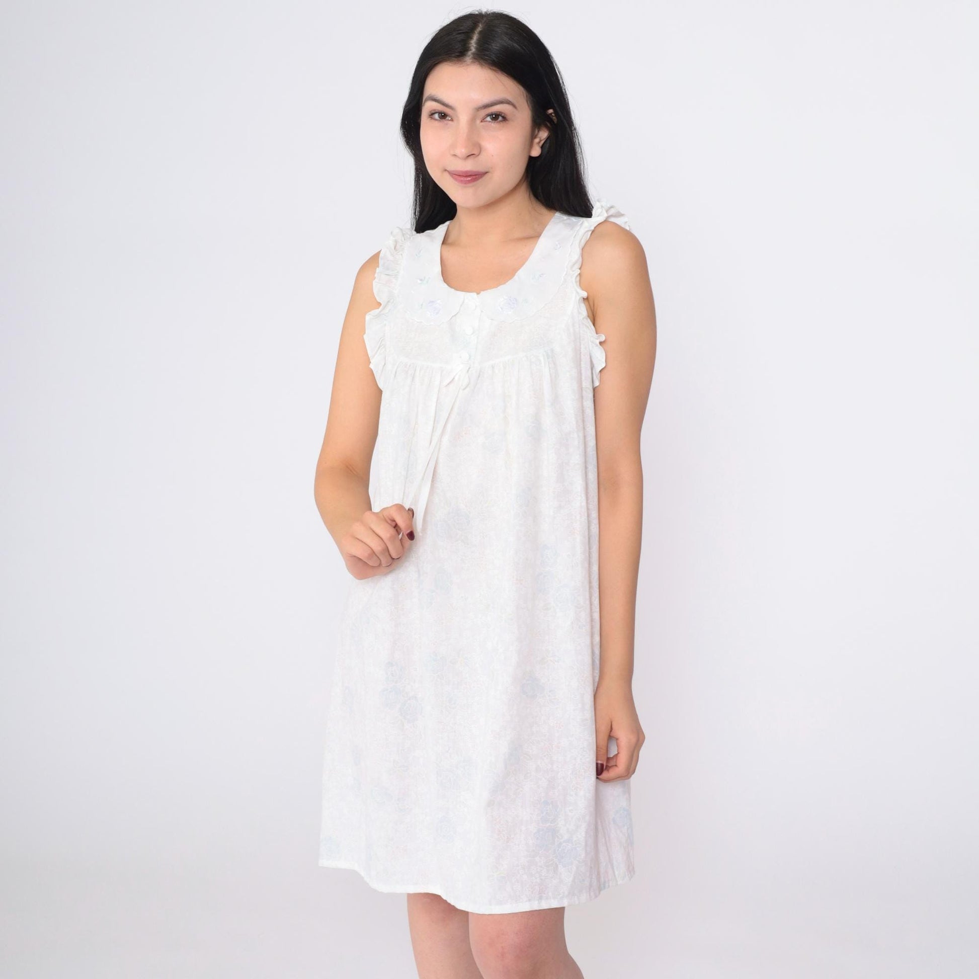 90s White Floral Nightgown Peter Pan Collar Embroidered Ruffled Mini Small