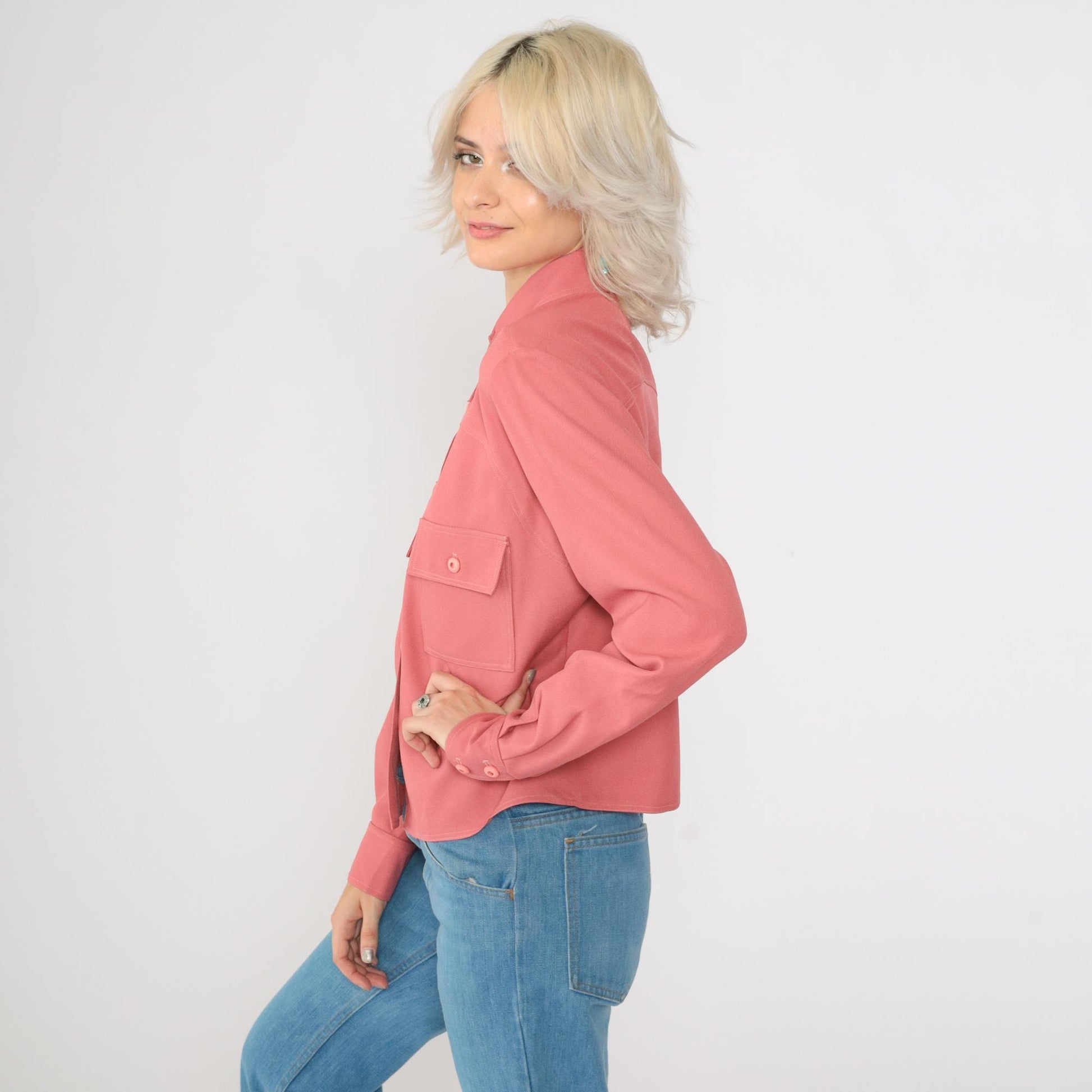 70s Pink Dagger Collar Button-Up Blouse Long Sleeve Chest Pocket Medium