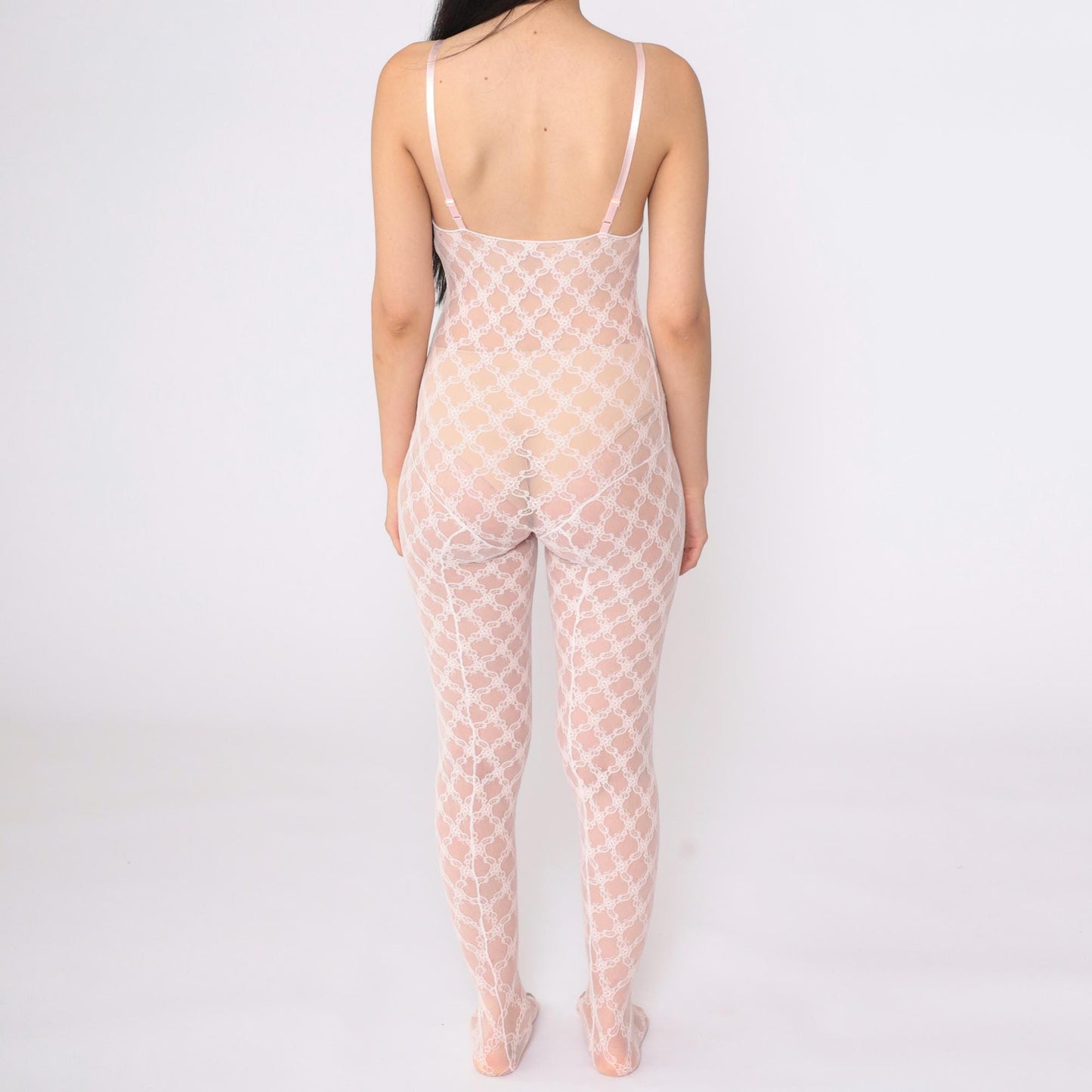 80s Pink Lace Bodystocking Lingerie Bodysuit Spaghetti Strap Footie Extra Small