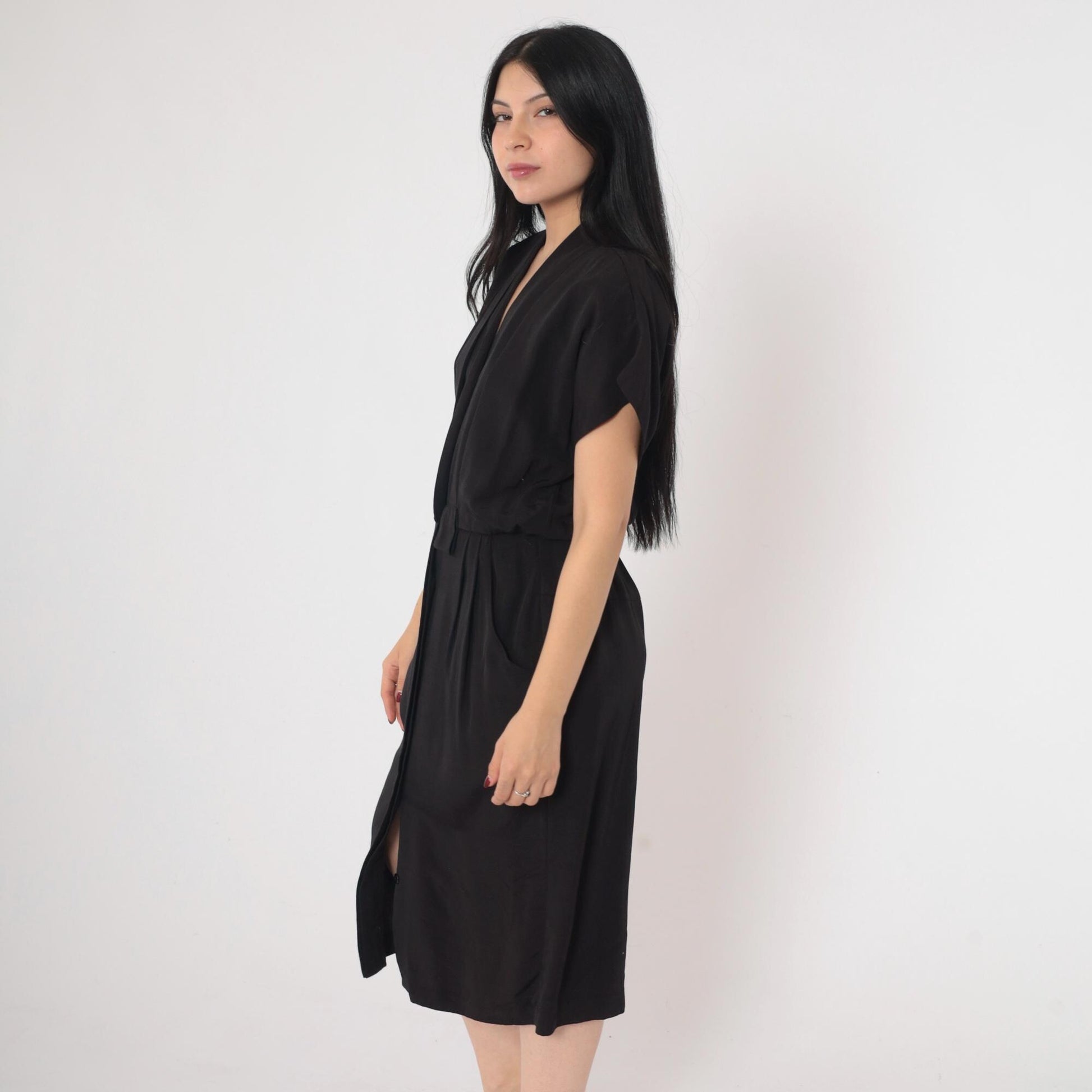 90s Black Button-Up Midi Dress V-Neck Pleated Sheath Small Petite