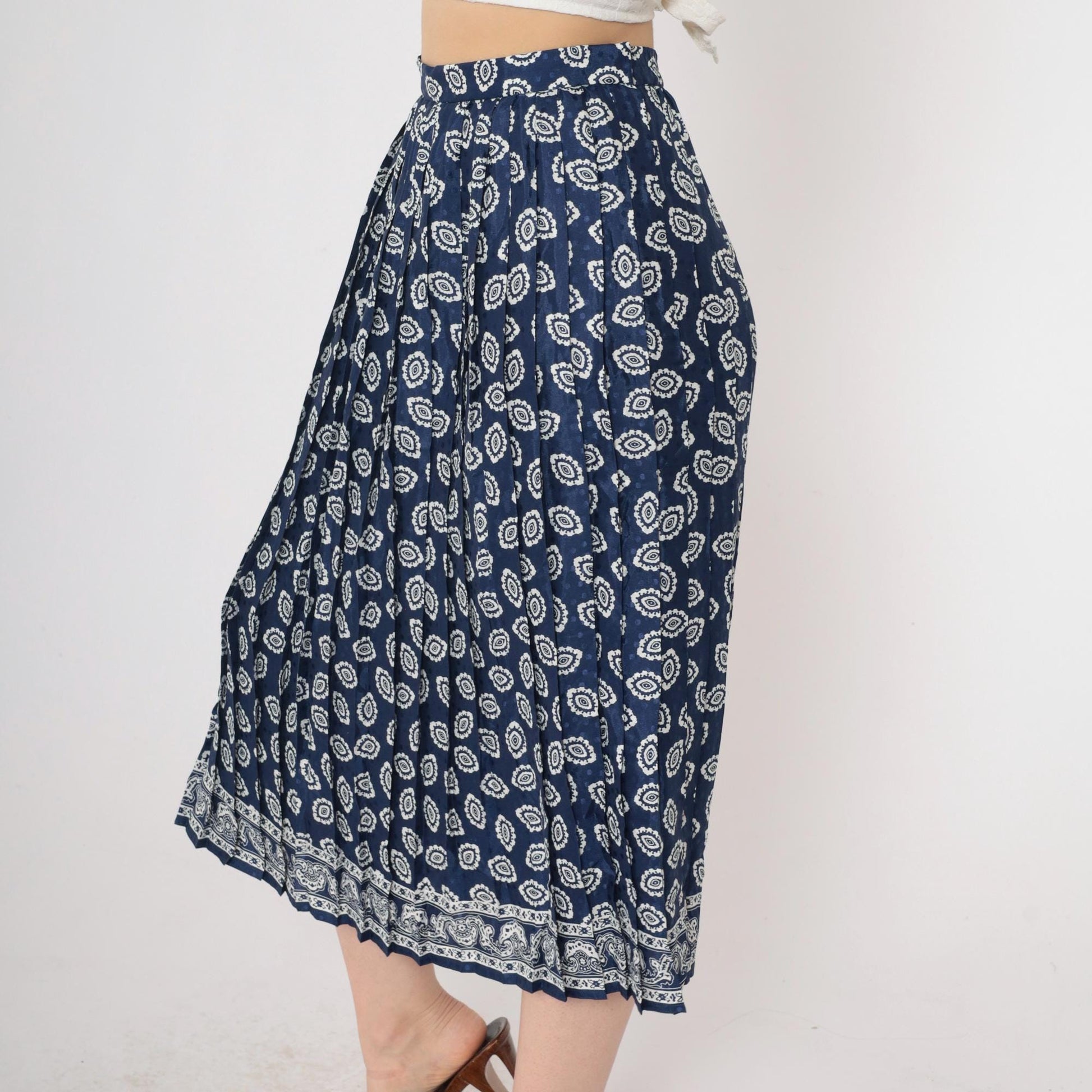 90s Geometric Midi Skirt High Waisted Pleated Blue Paisley Print Small