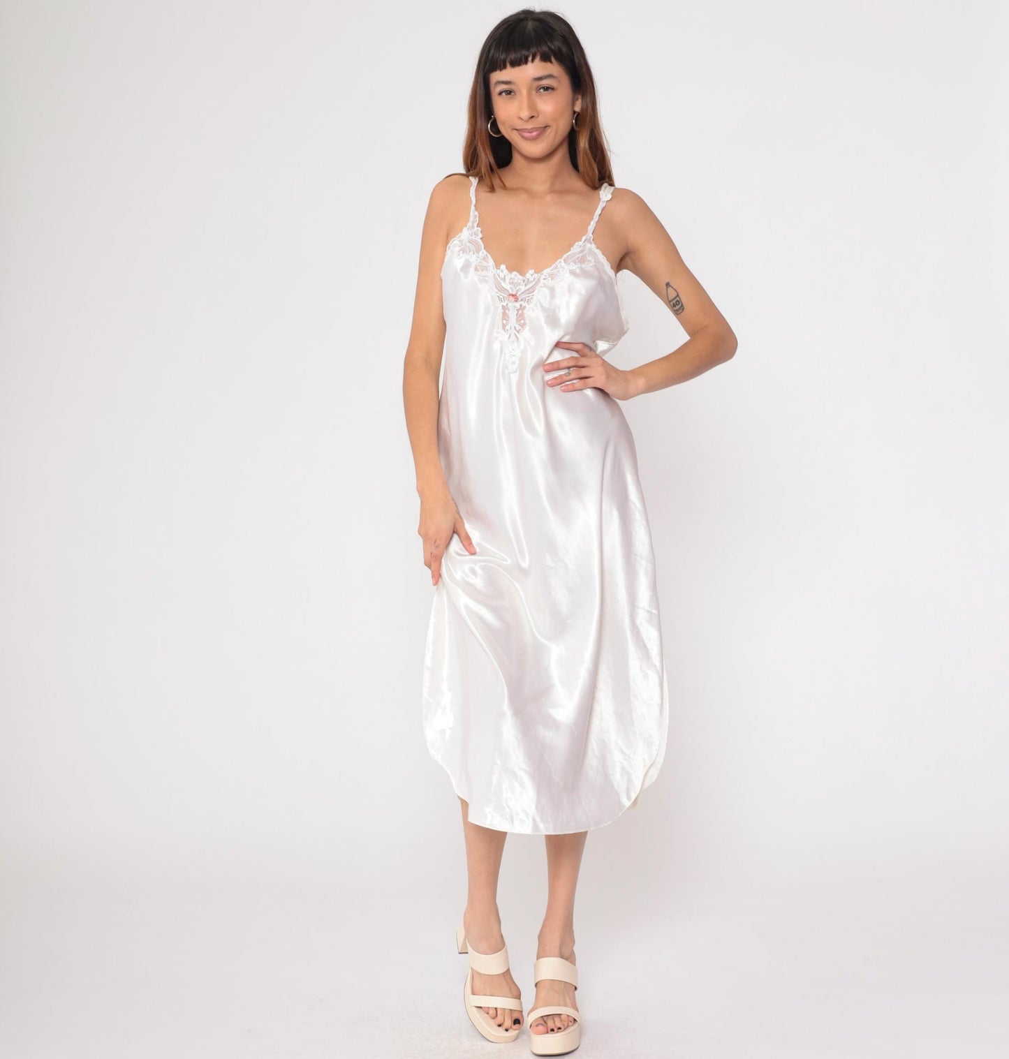 90s White Satin Slip Dress Midi Lace Trim Criss-Cross Back Large