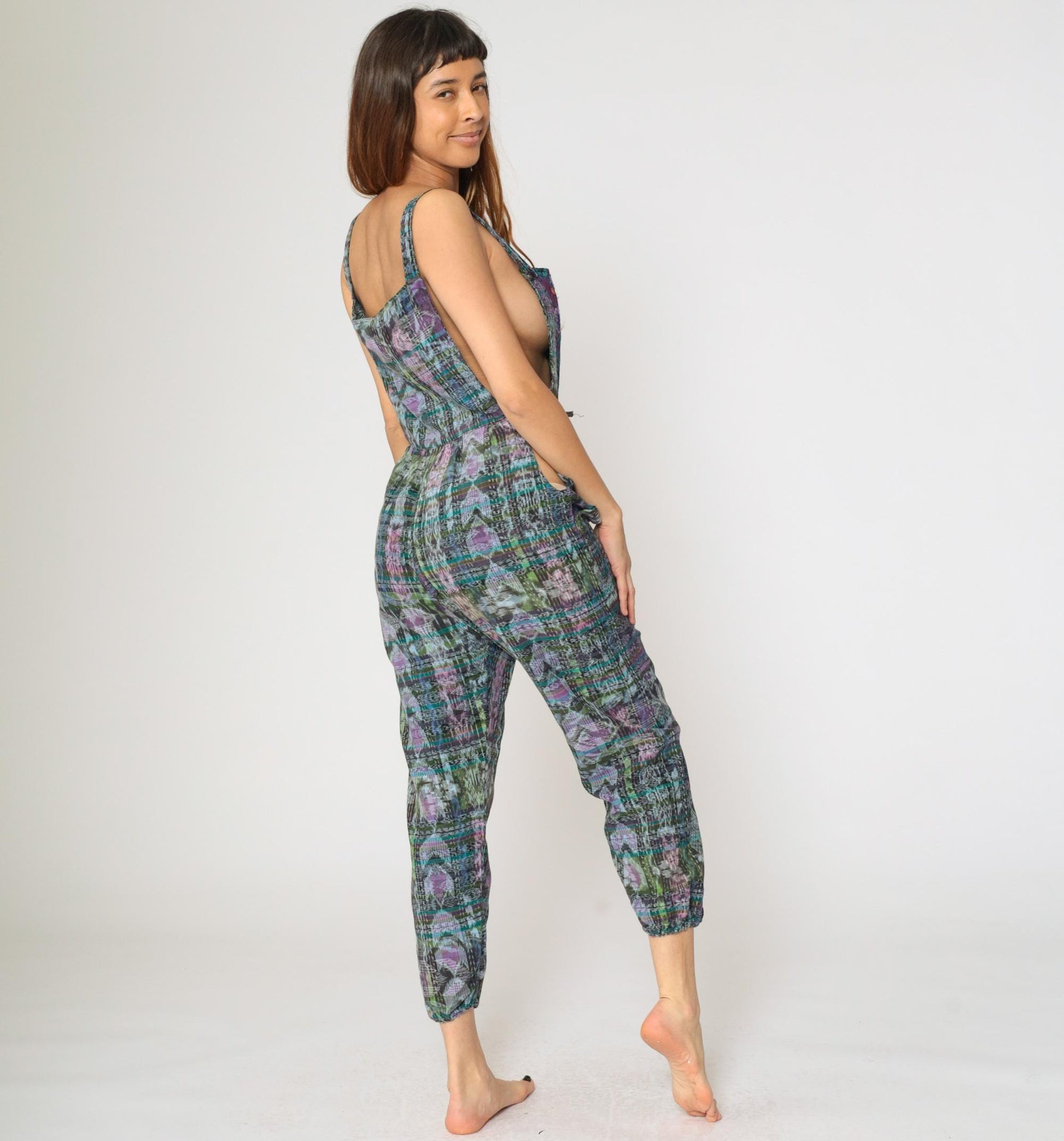 90s Guatemalan Patchwork Jumpsuit Floral Bird Print Square Neck Open Sides Large