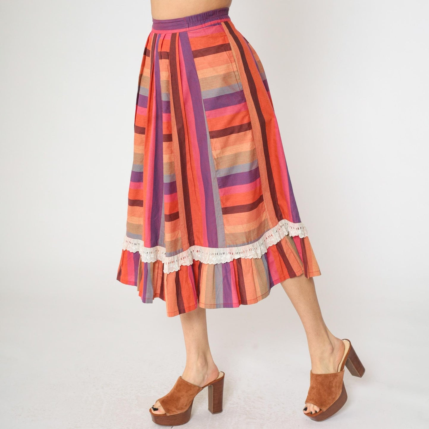 80s Striped Prairie Midi Skirt Pink Purple Orange Lace High Waisted Small