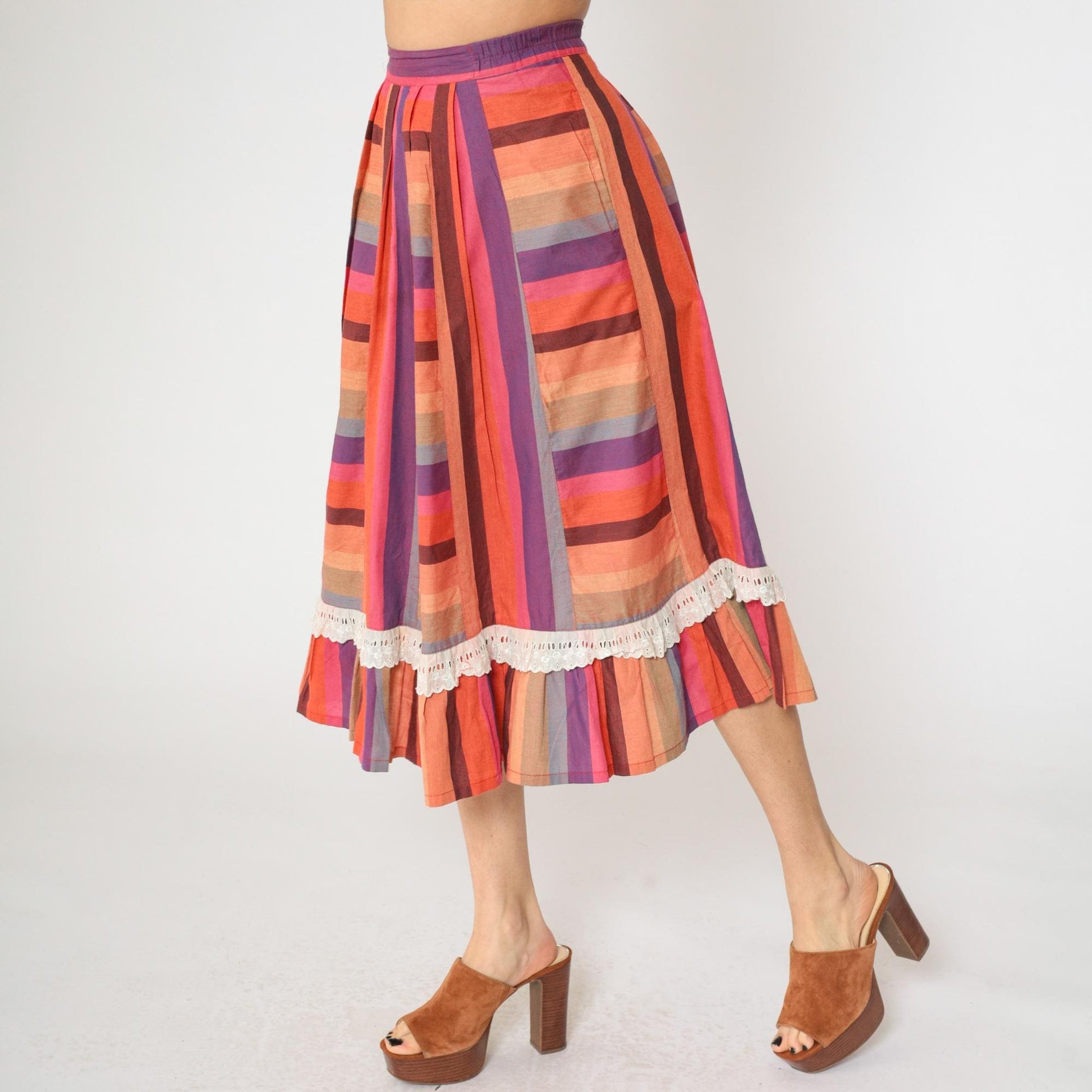 80s Striped Prairie Midi Skirt Pink Purple Orange Lace High Waisted Small
