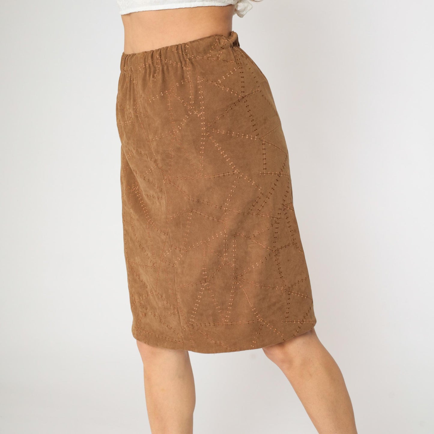 90s Brown Patchwork Faux Suede Pencil Skirt High Waist Small Medium