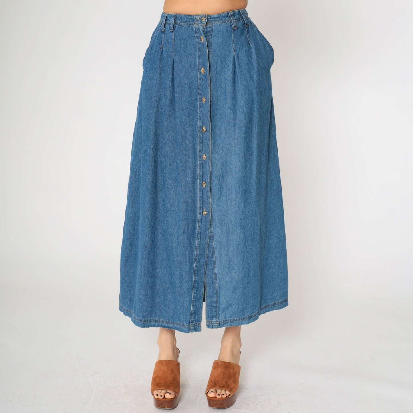 90s Marisa Canvas Denim Maxi Skirt Button Front High Waist Blue Small 6