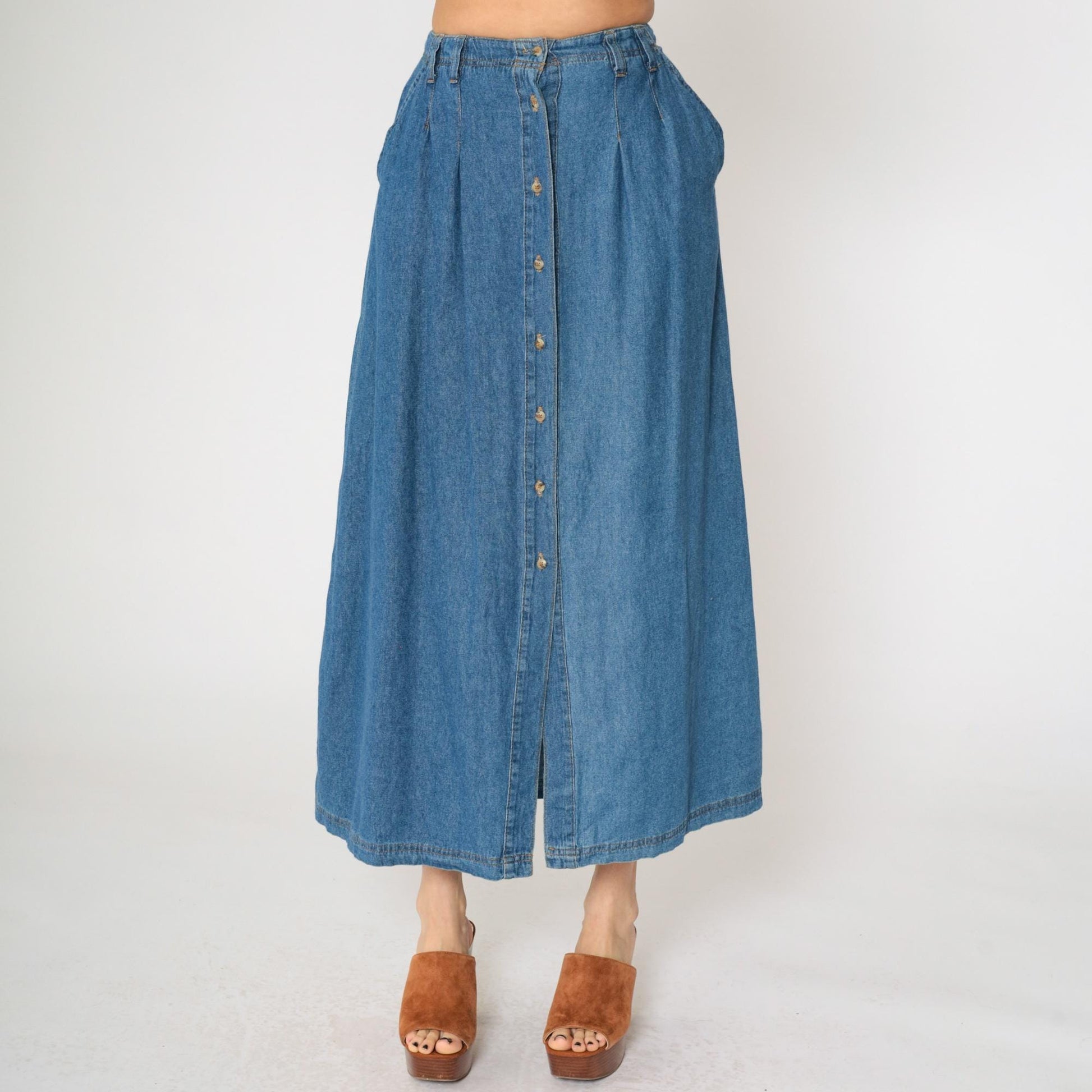 90s Marisa Canvas Denim Maxi Skirt Button Front High Waist Blue Small 6