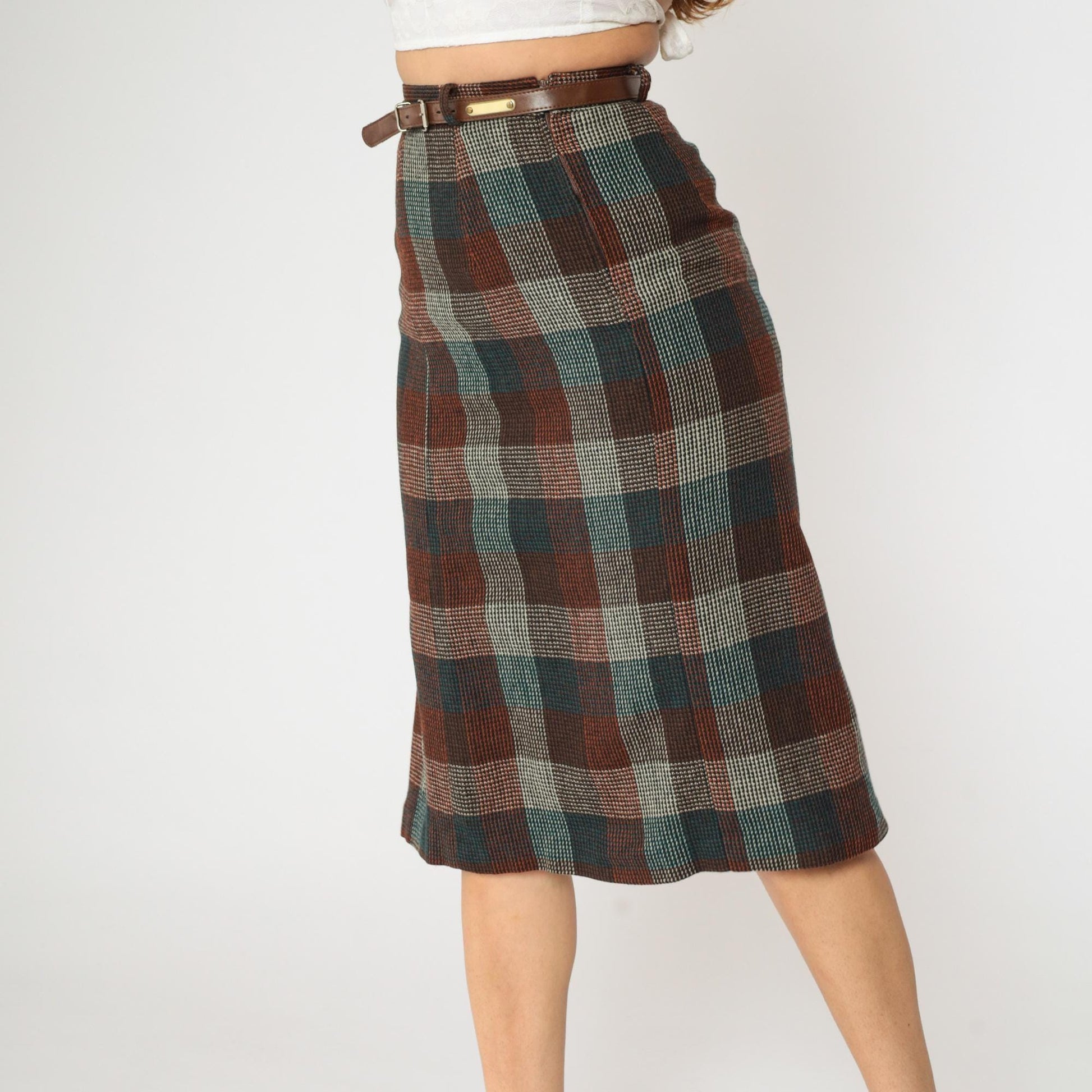 80s Wool Checkered Midi Skirt High Waist Pleated Orange Teal Brown Small