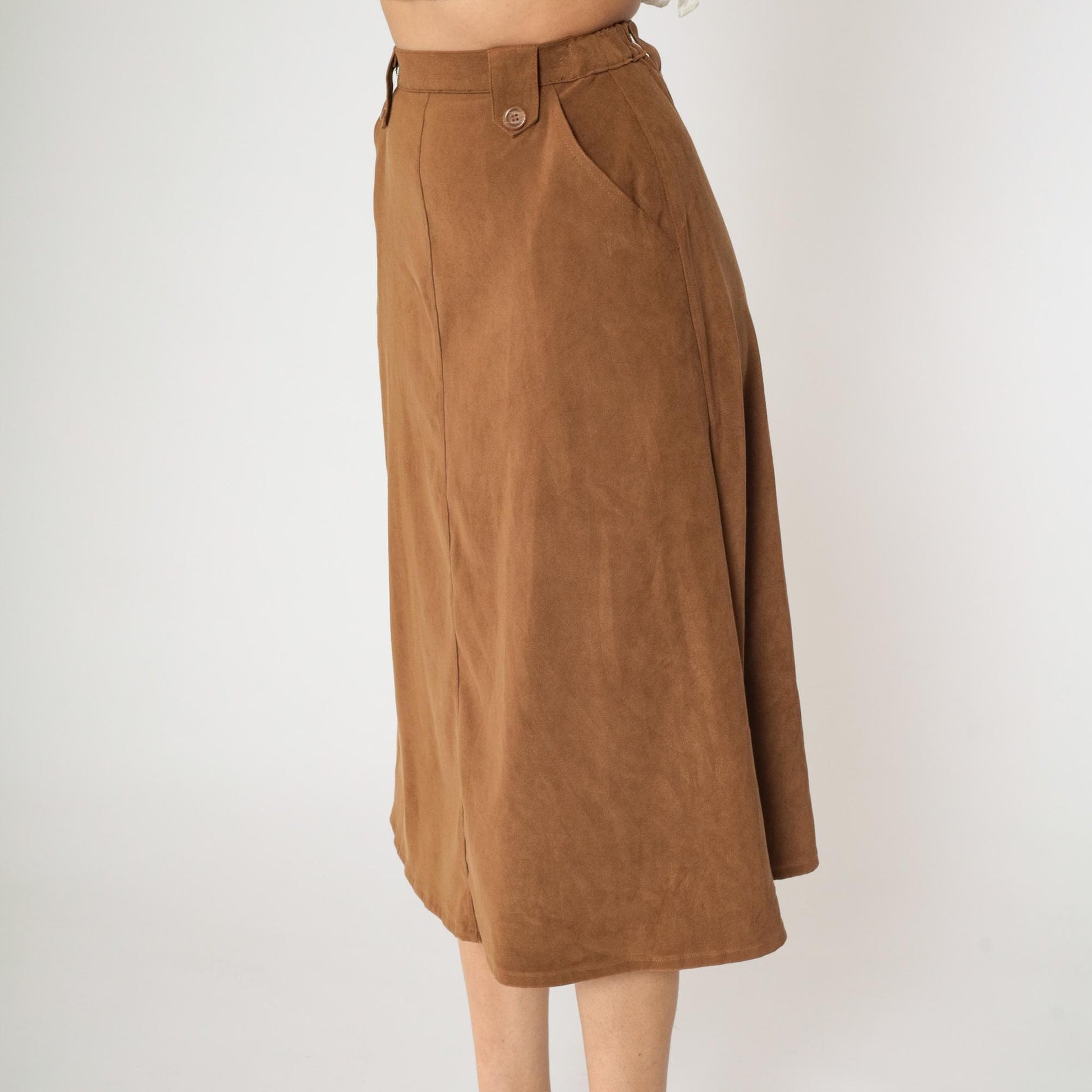 90s Brown A-Line Midi Skirt High Waisted Pockets Small 4P