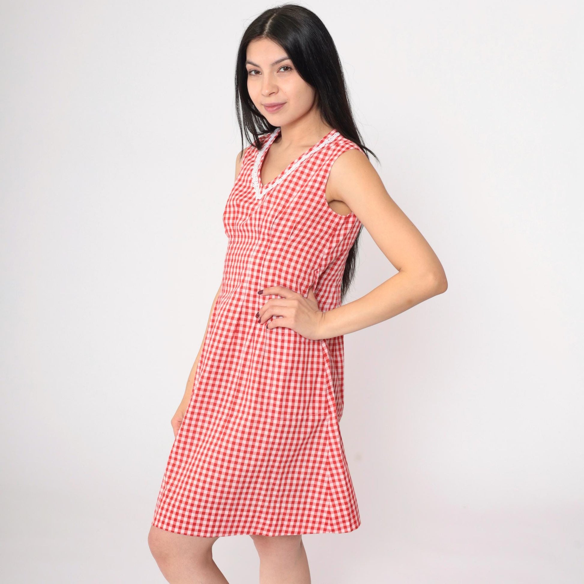 70s Red Gingham Mini Dress White Lace Trim V-Neck A-Line Small