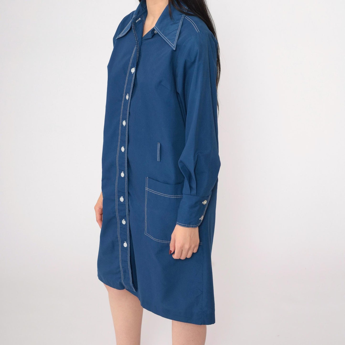 70s Dark Blue Dagger Collar Shift Dress Button-Up Long Sleeve Medium