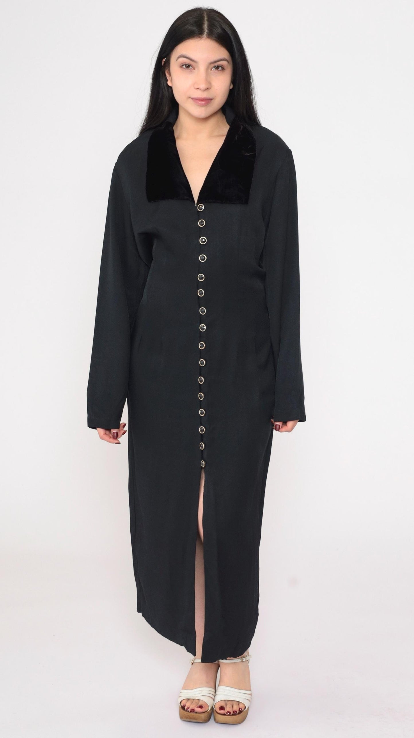 90s Black Velvet Collar Maxi Shirtdress Button Front Slit Large L