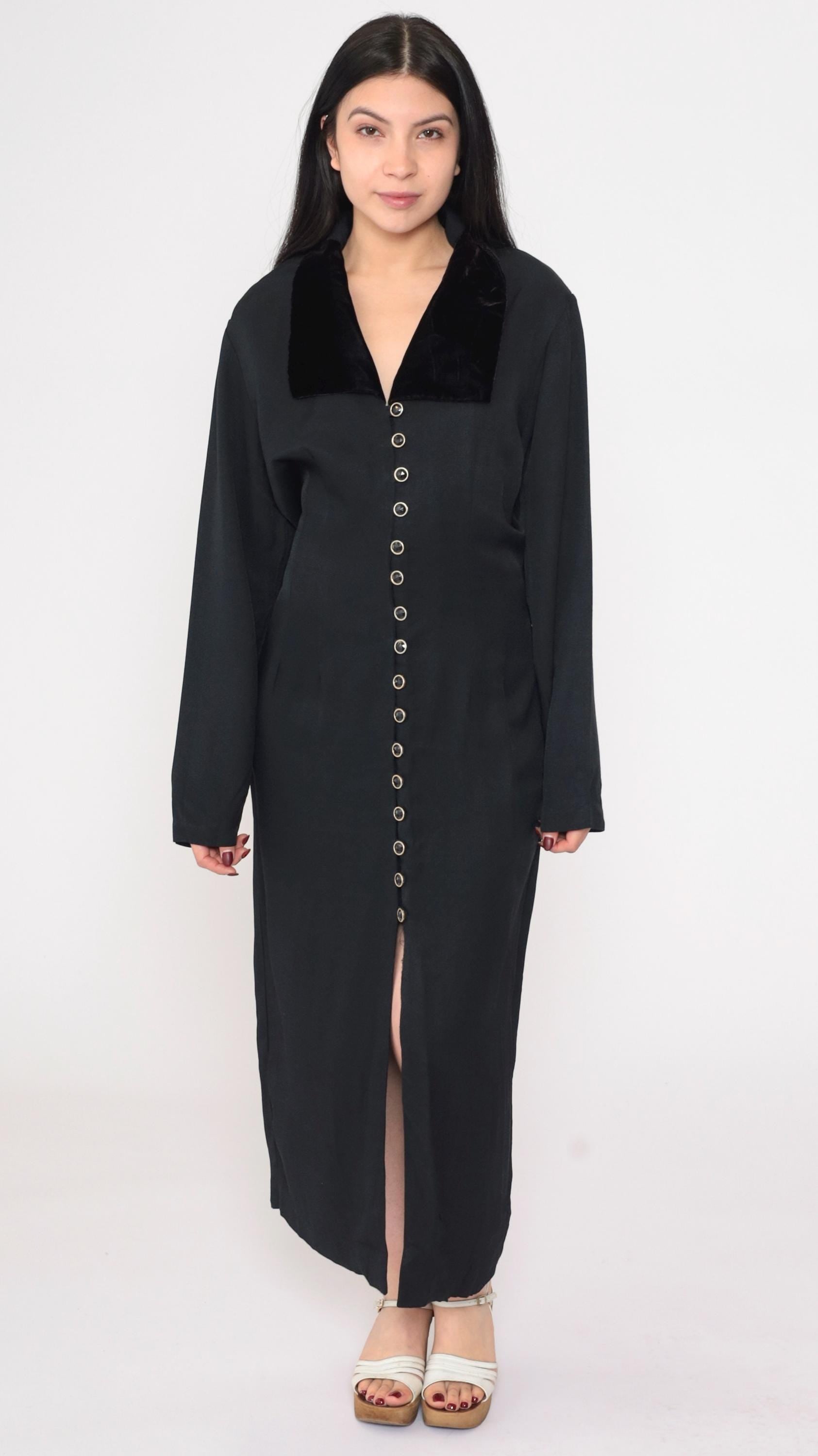 90s Black Velvet Collar Maxi Shirtdress Button Front Slit Large L