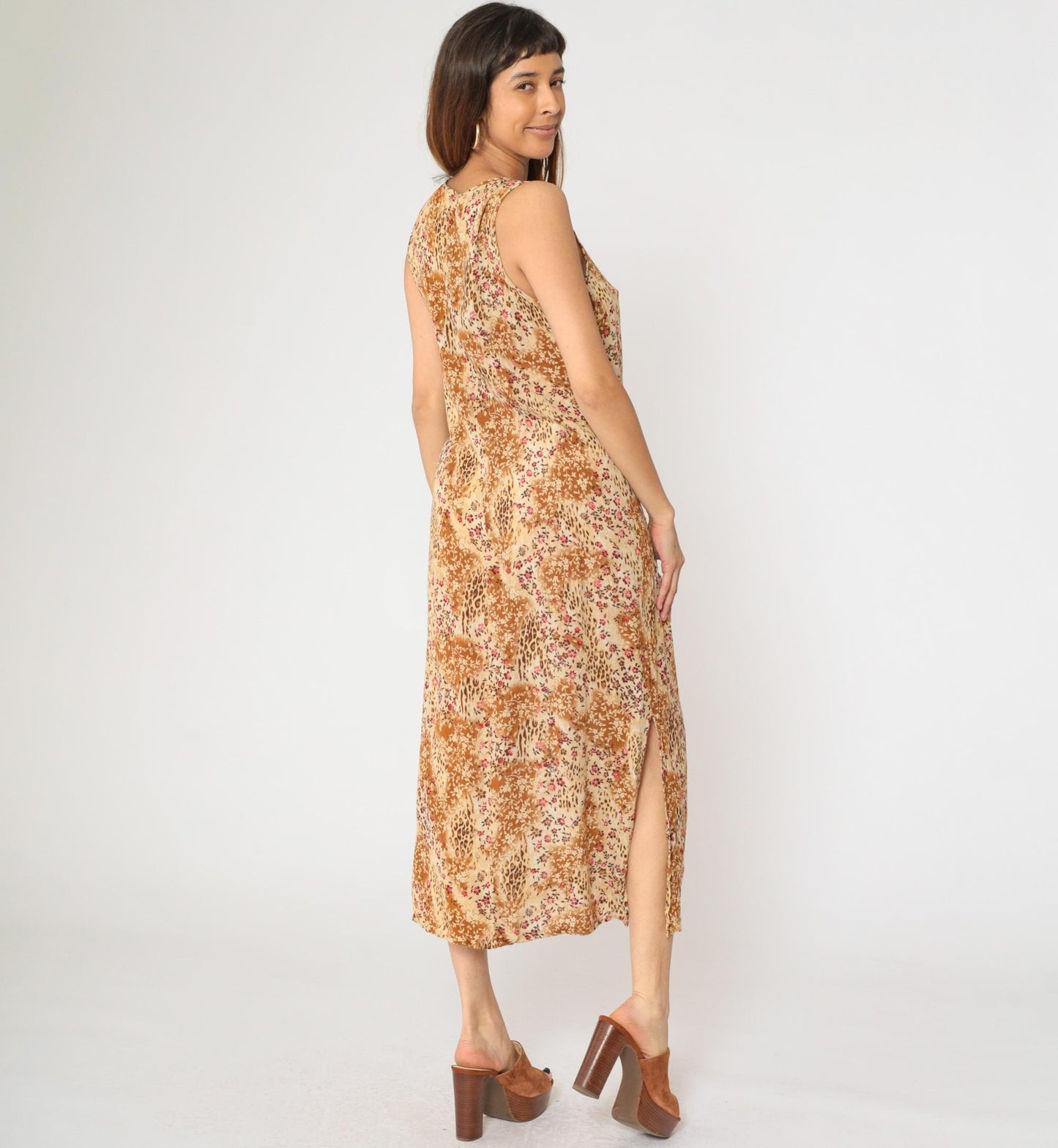 90s Kathie Lee Leopard Floral Midi Dress High Waist Sleeveless Beige Burnt Orange Medium