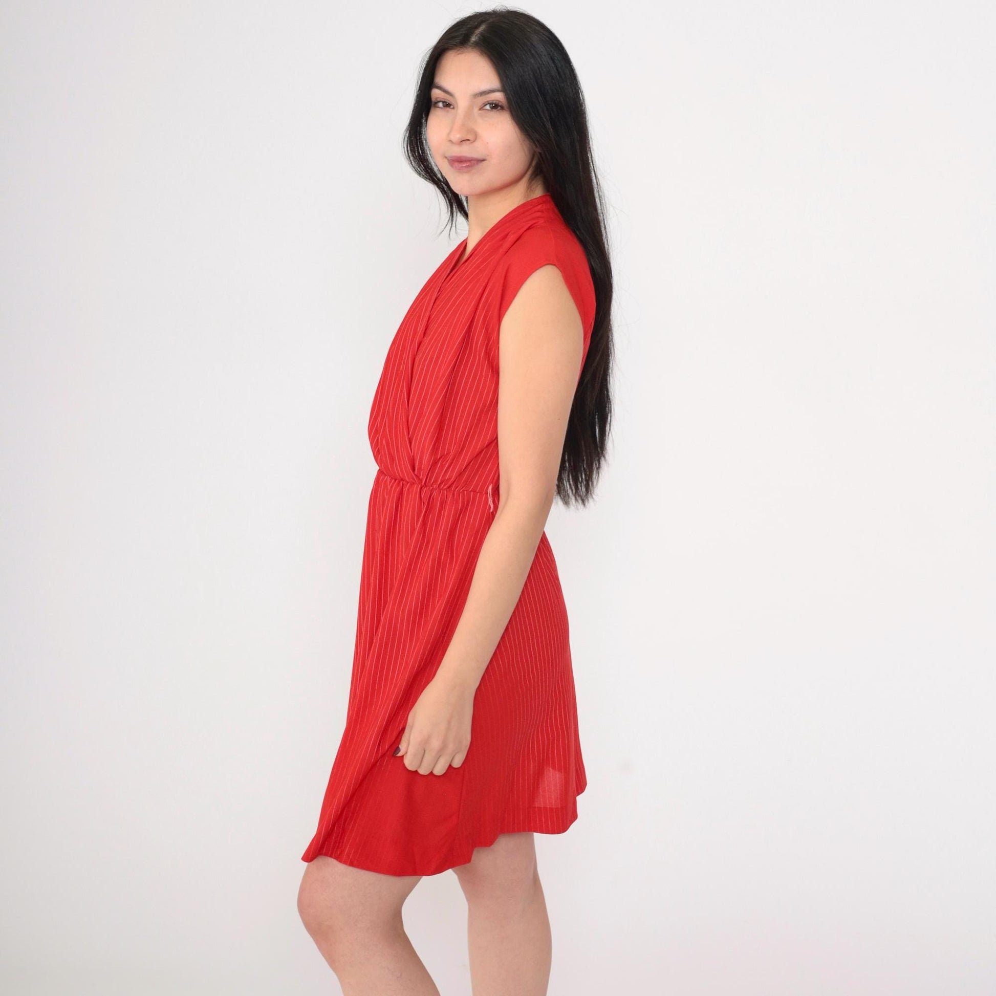 70s Red Striped Wrap Dress V Neck Mini Elastic Waist Cap Sleeve Small