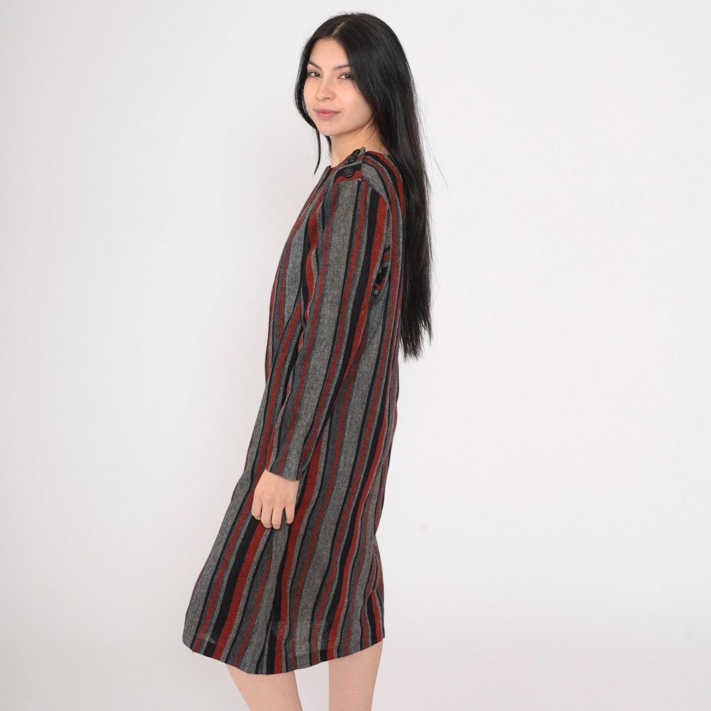 80s Grey Red Striped Midi Shift Dress Button Shoulders Long Sleeve Medium