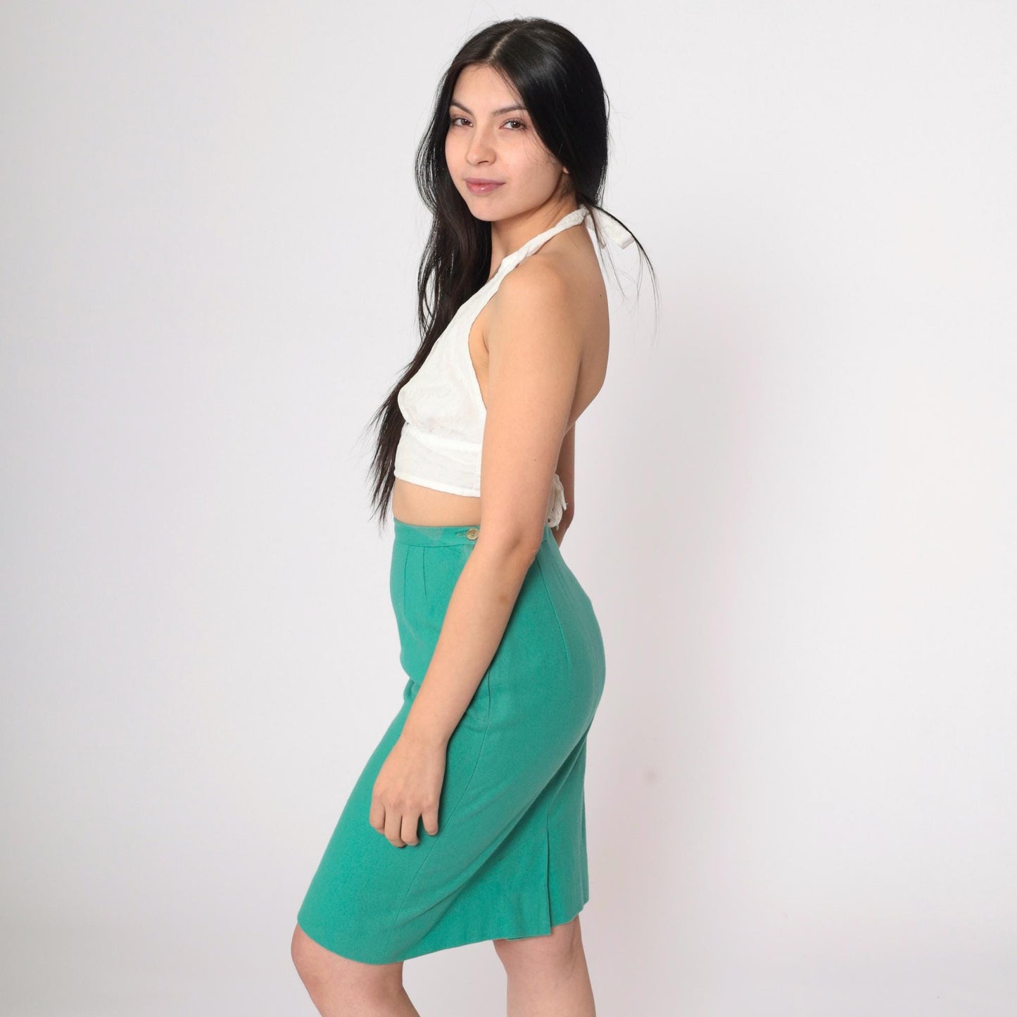 1960s Green Wool Pencil Skirt High Waist Mini Back Zip Extra Small