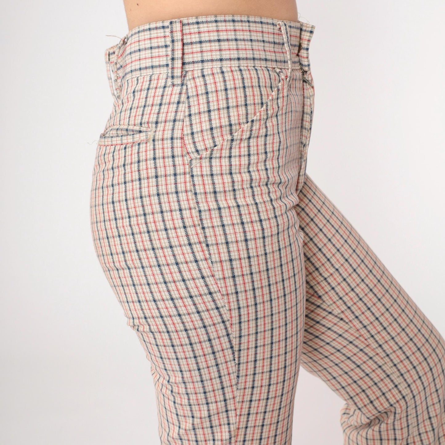 70s Plaid High-Waisted Flared Trousers Beige Red Navy Checkered Small