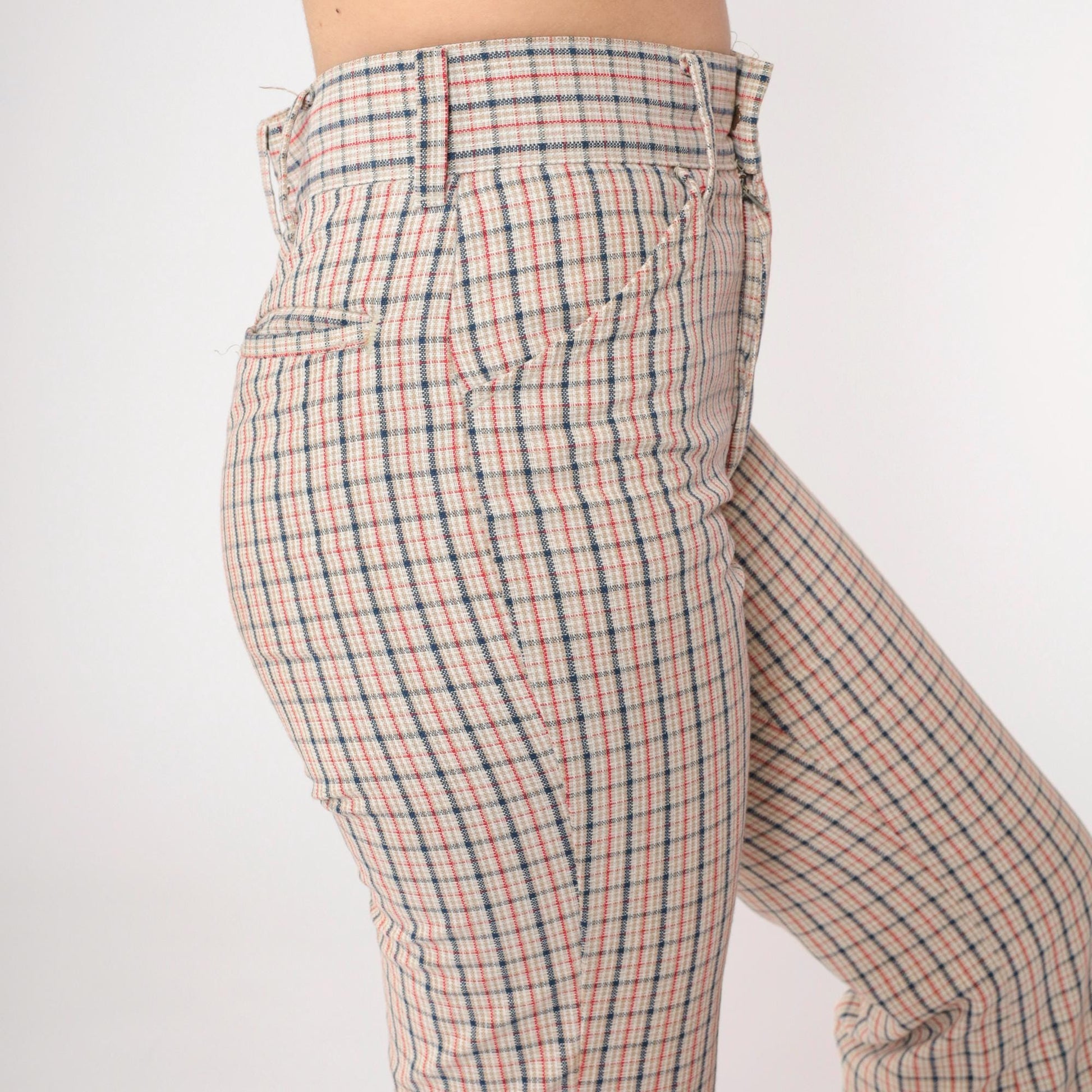 70s Plaid High-Waisted Flared Trousers Beige Red Navy Checkered Small