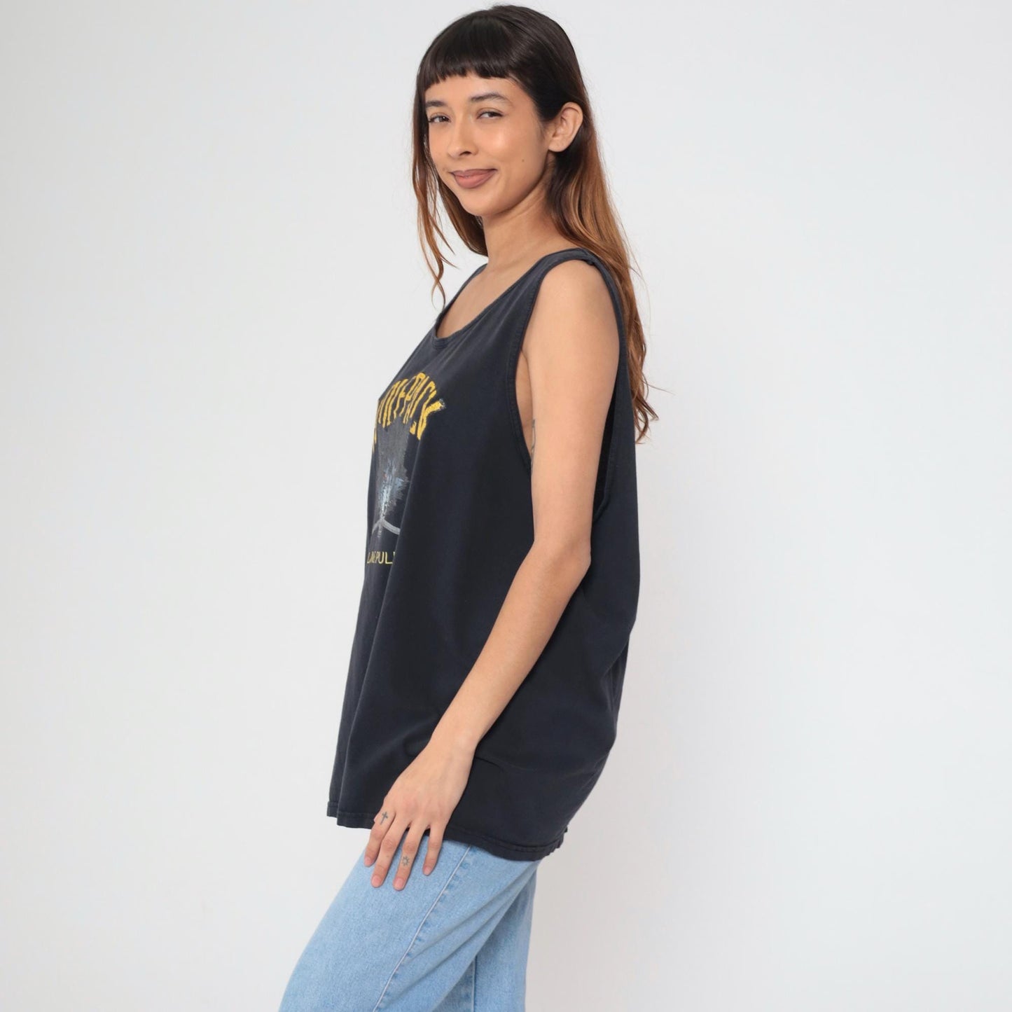 90s Wolfpack Plane Pull Wolf Graphic Tank Top Black Distressed XXL