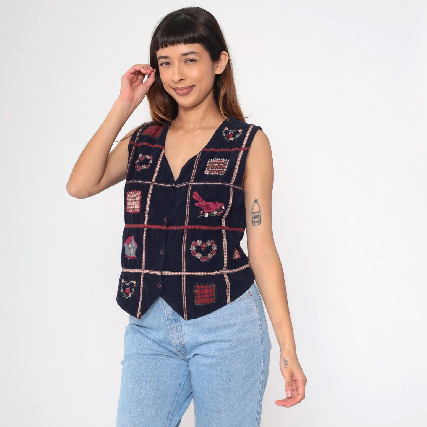90s Navy Corduroy Patchwork Vest Button-Up Sleeveless Medium