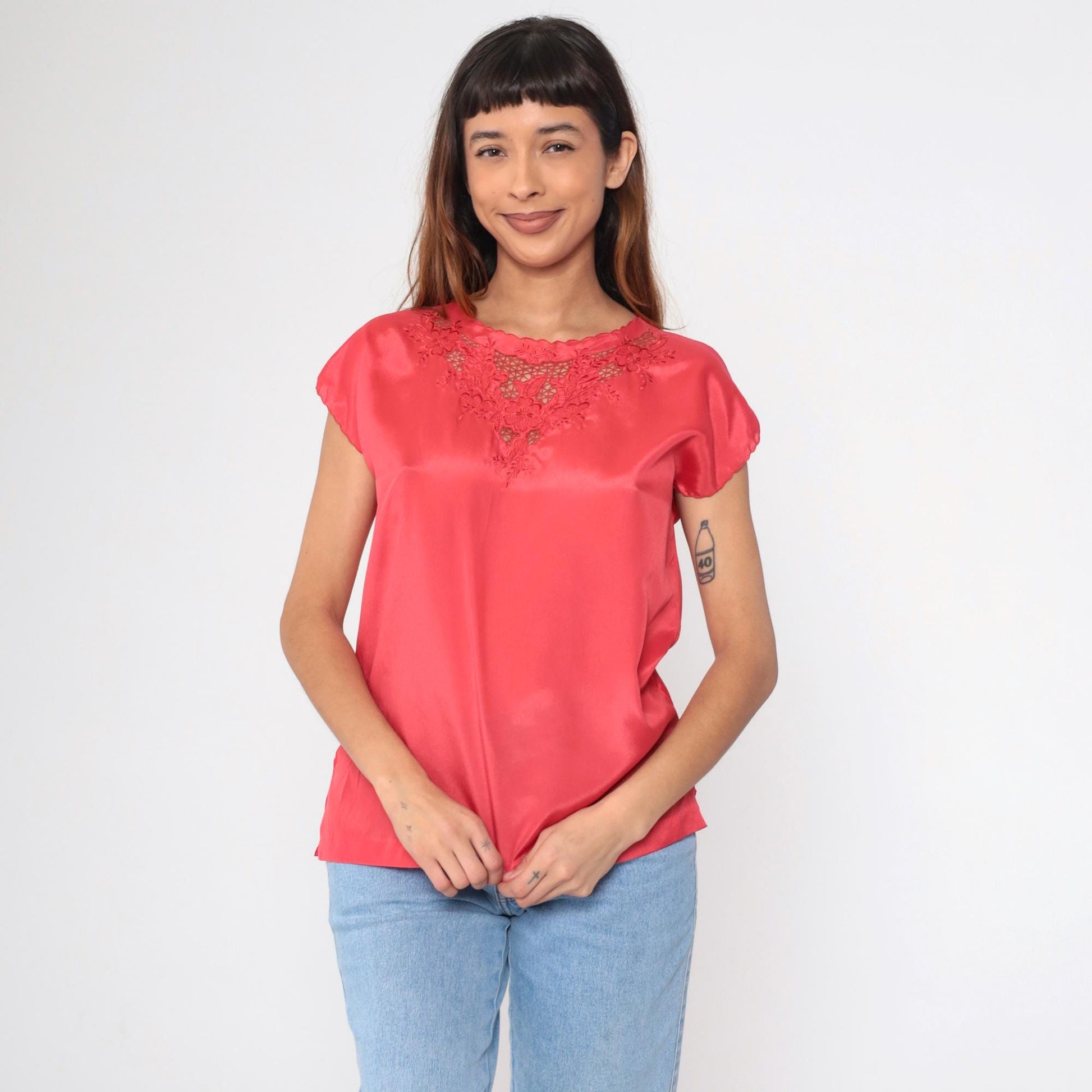 90s Coral Satin Blouse Floral Embroidered Cutwork Short Sleeve Medium