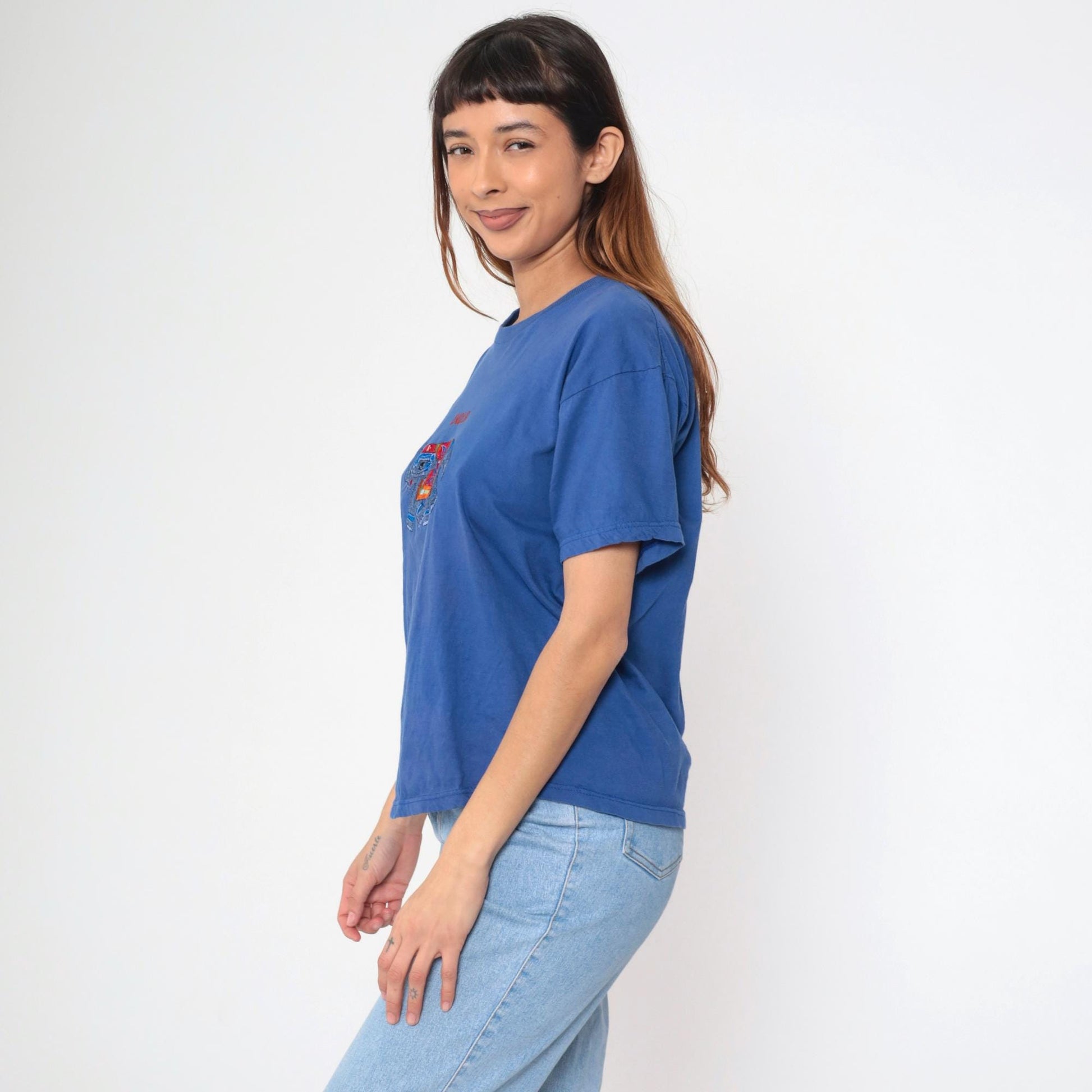 Y2K India Elephant Embroidered T-Shirt Blue Mirrored Graphic Tee Medium Large