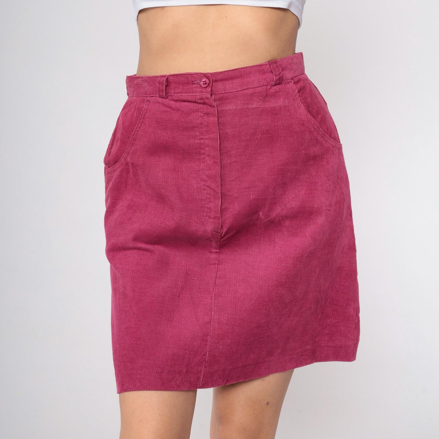 80s Corduroy Mini Skirt High Waist A-Line Pink Medium