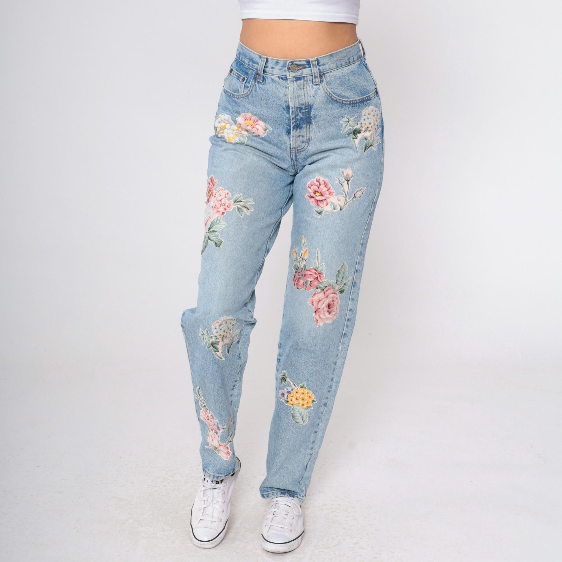 90s Floral Appliqué Light Wash Jeans High Waist Tapered Denim Small Long