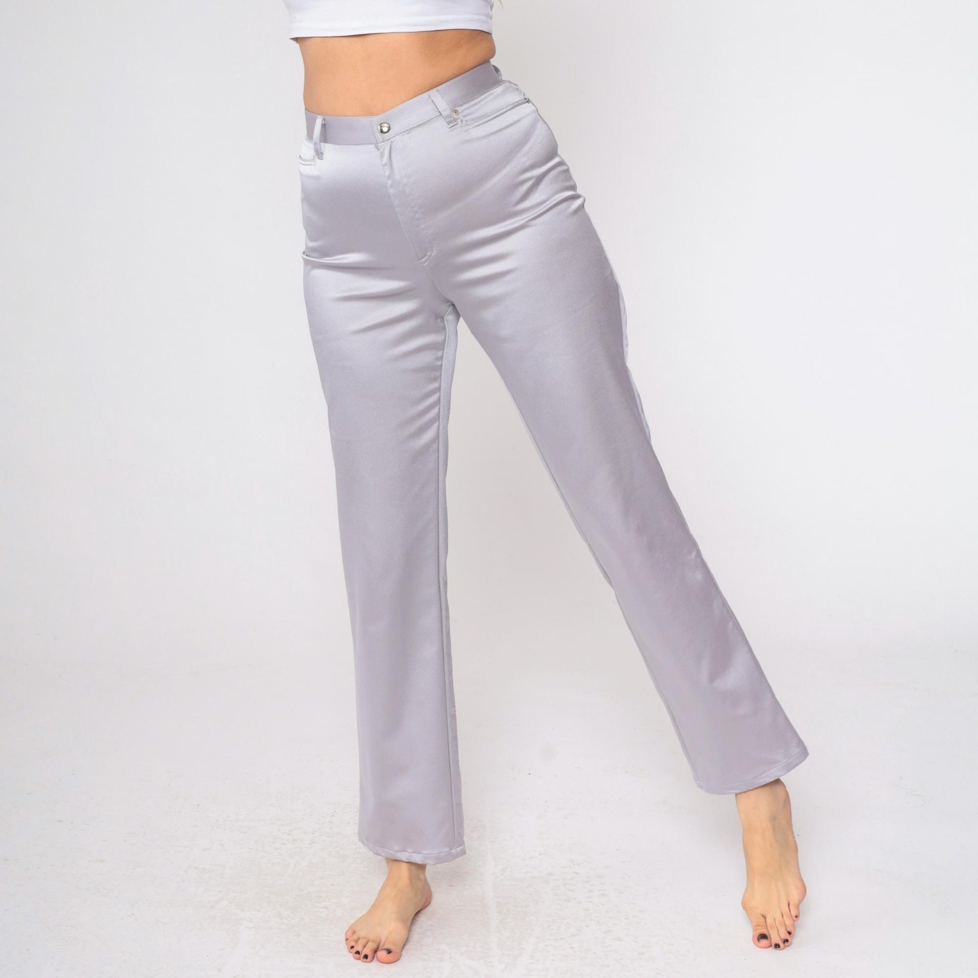 90s Forenza Silver Satin High-Waist Straight-Leg Trousers Small