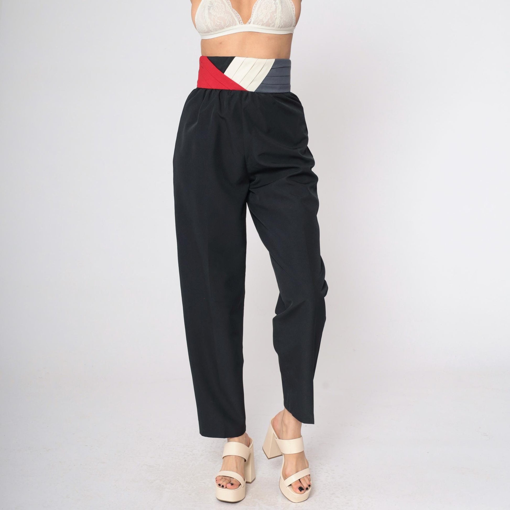 80s Black Tapered Trousers High Waist Colour Block Waistband Size 9