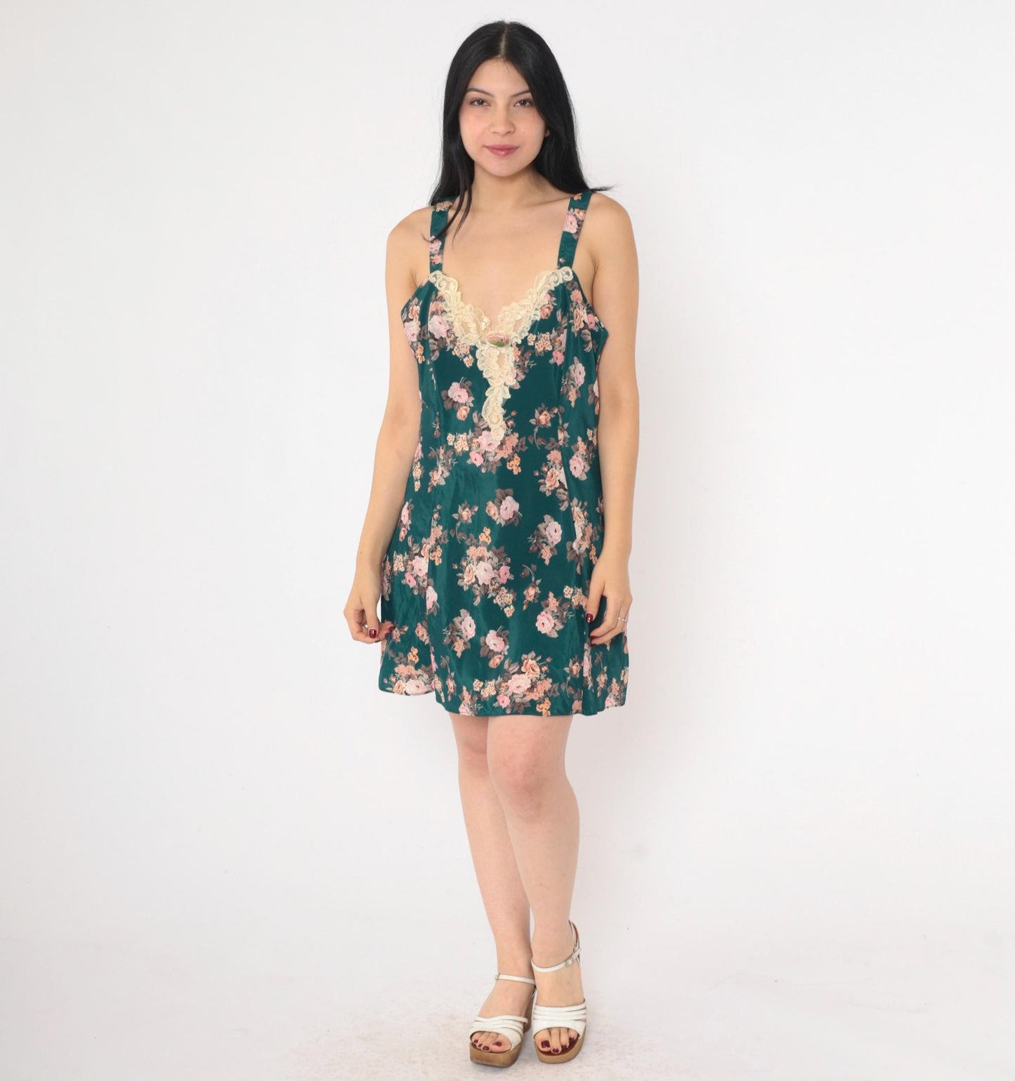 90s Green Floral Satin Slip Dress Pink Rosette Lace Trim Mini V-Neck Medium