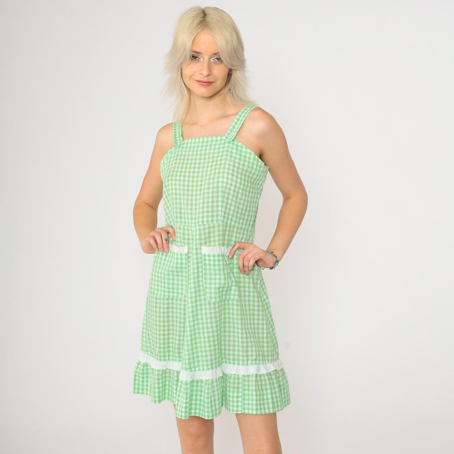 70s Green Gingham Prairie Sundress Eyelet Lace Trim Mini Small