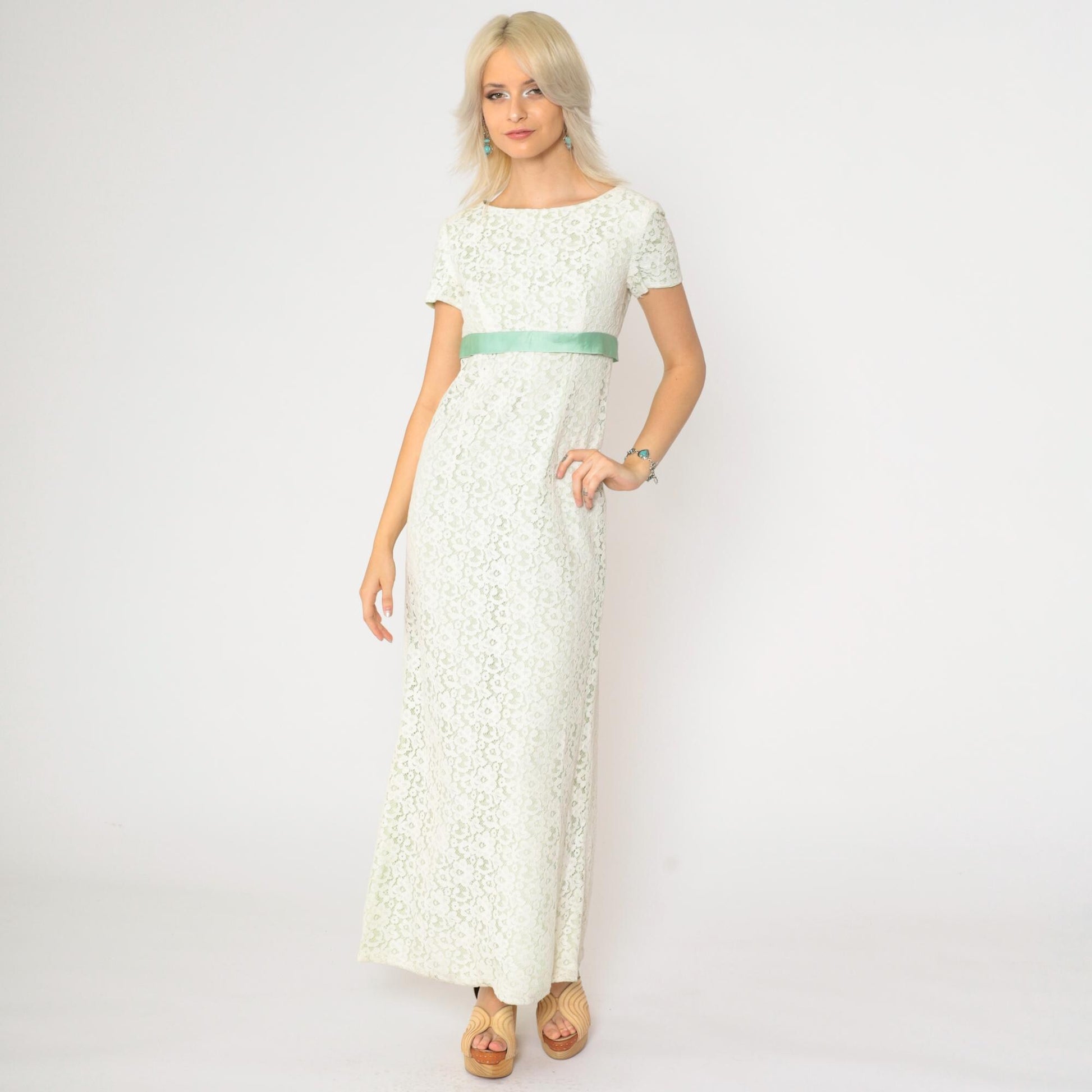 60s White Lace Maxi Dress Empire Waist Green Ribbon Short Sleeve Extra Small XS