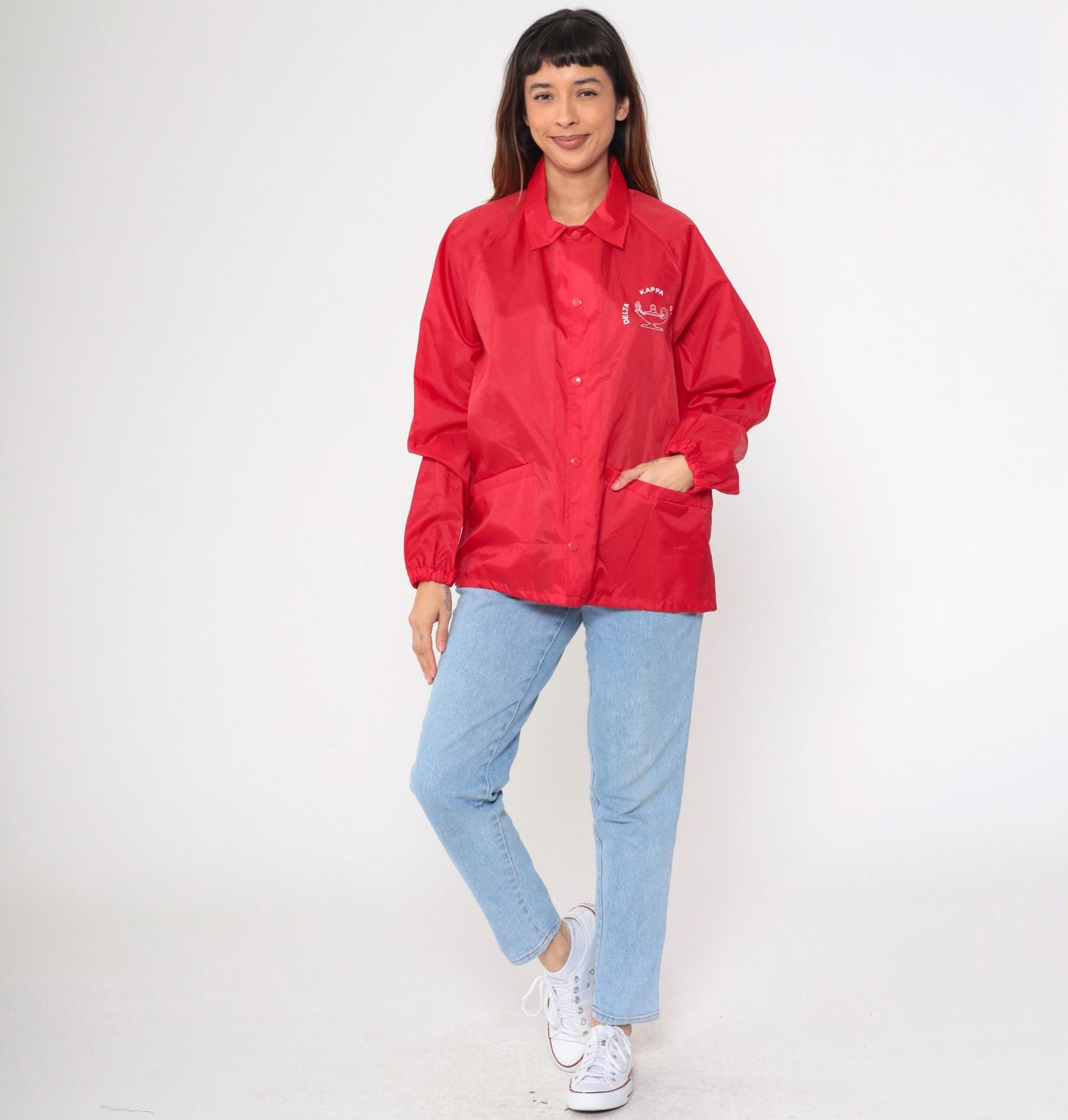 80s Delta Kappa Gamma Red Windbreaker Jacket Snap-Up Raglan Large