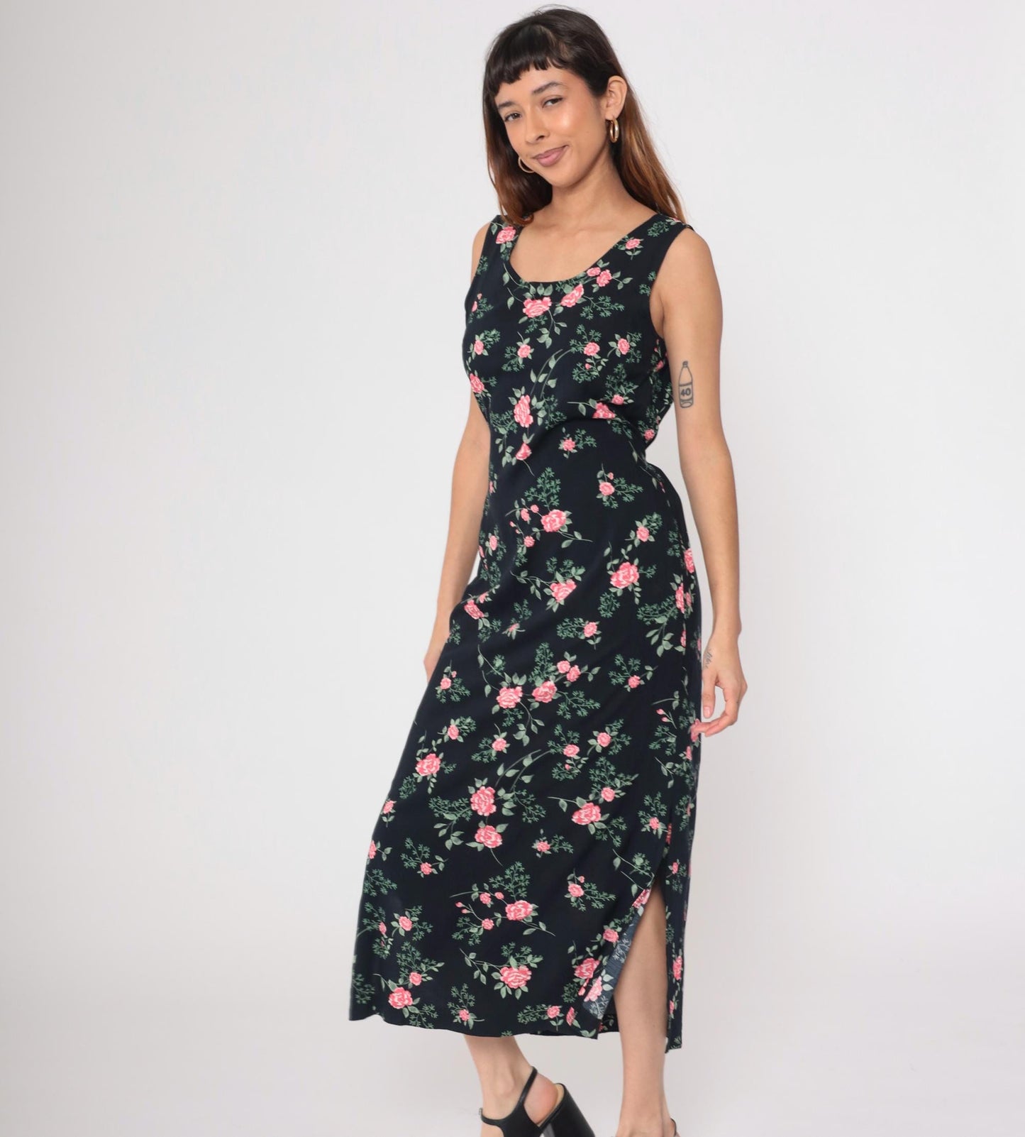 90s Kathie Lee Black Floral Midi Dress Pink Flower Print Sleeveless Medium