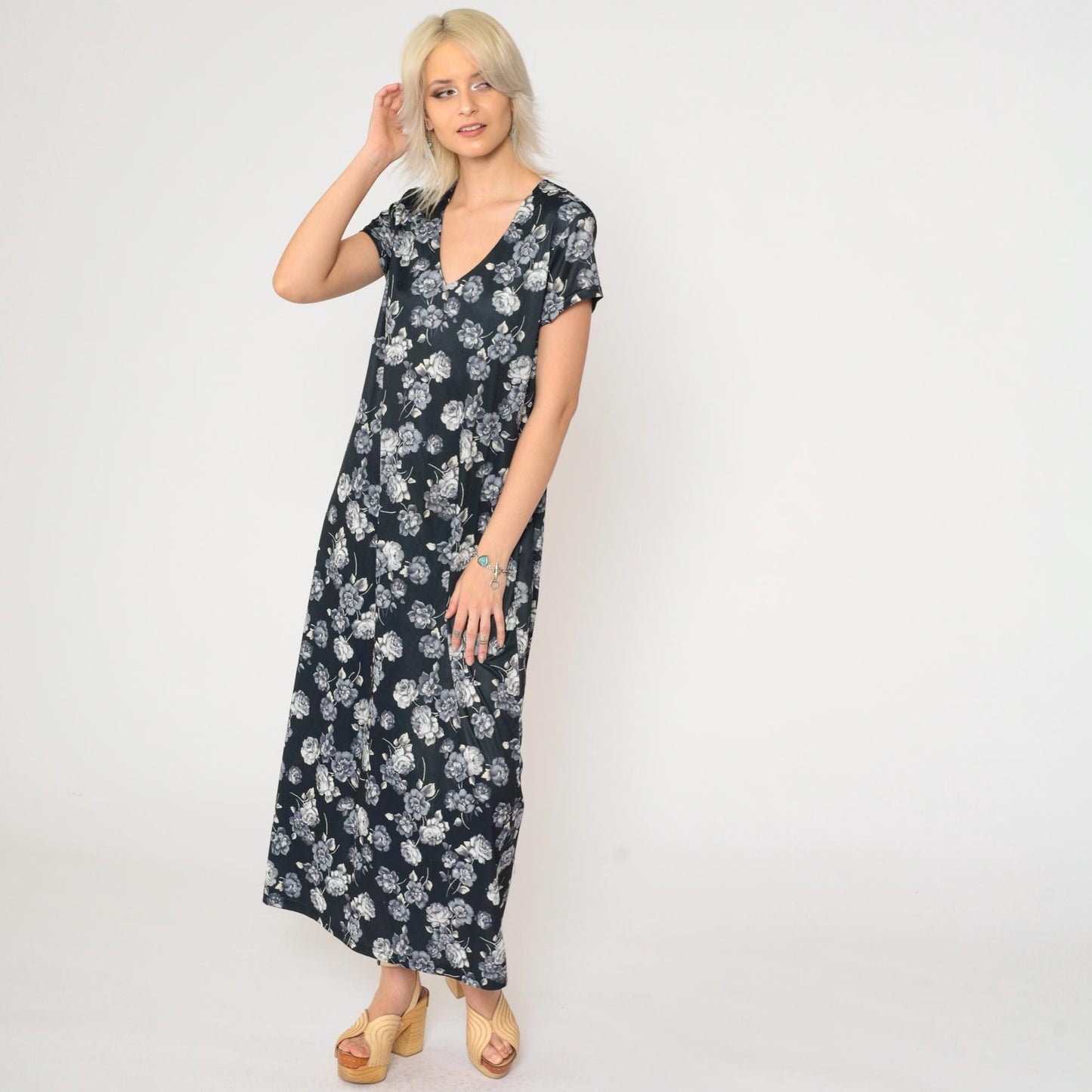 90s No Boundaries Black Floral Maxi Dress Rose Print V-Neck Short Sleeve Large L