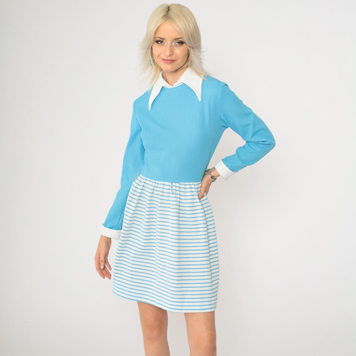 70s Vicky Vaughn Mini Dress Blue Striped Contrast Collar Long Sleeve Small