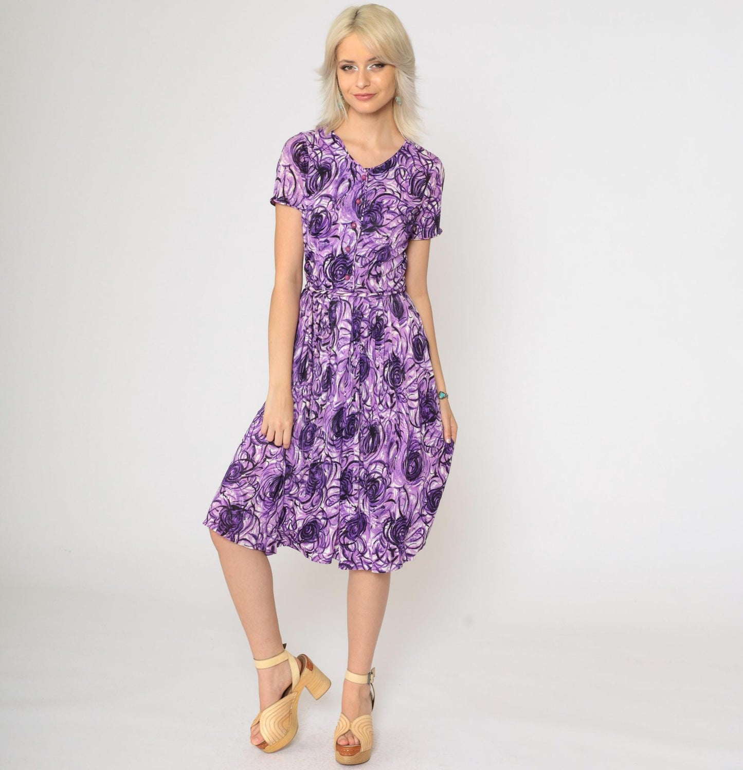 60s Purple Abstract Swirl Midi Shirtdress High Waist Button Up Extra Small