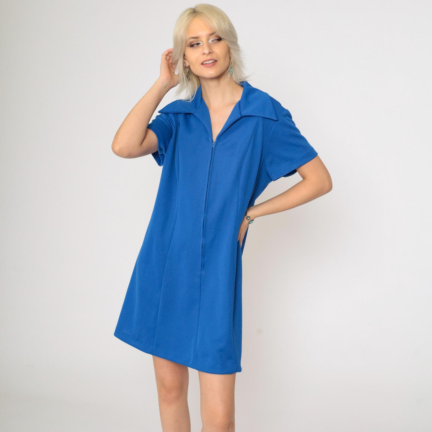 70s Mod Mini Dress Royal Blue Front Zip Shift Dress Short Sleeve Large L