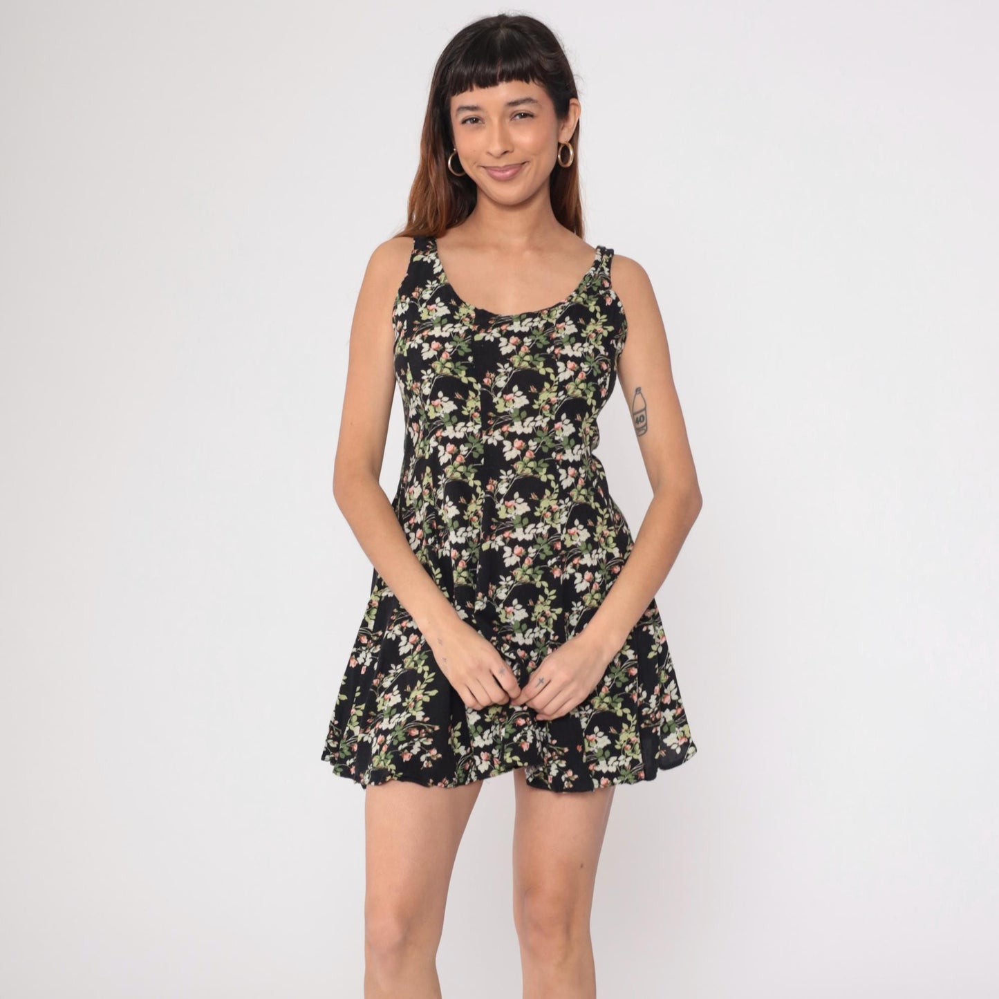 90s Black Floral Mini Dress Sleeveless A-Line Rayon Sundress Small