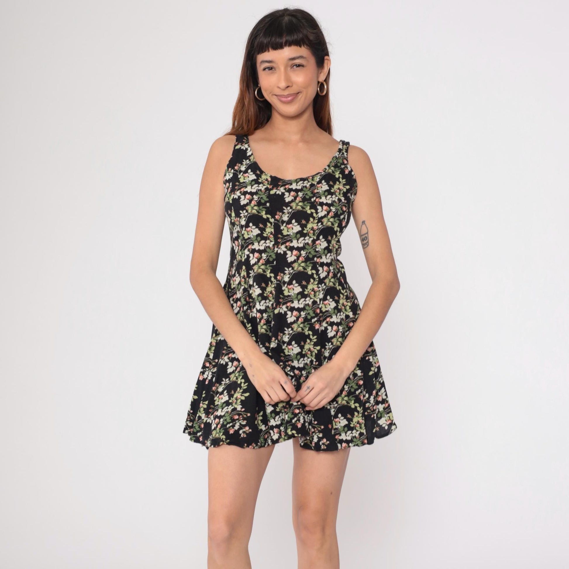 90s Black Floral Mini Dress Sleeveless A-Line Rayon Sundress Small
