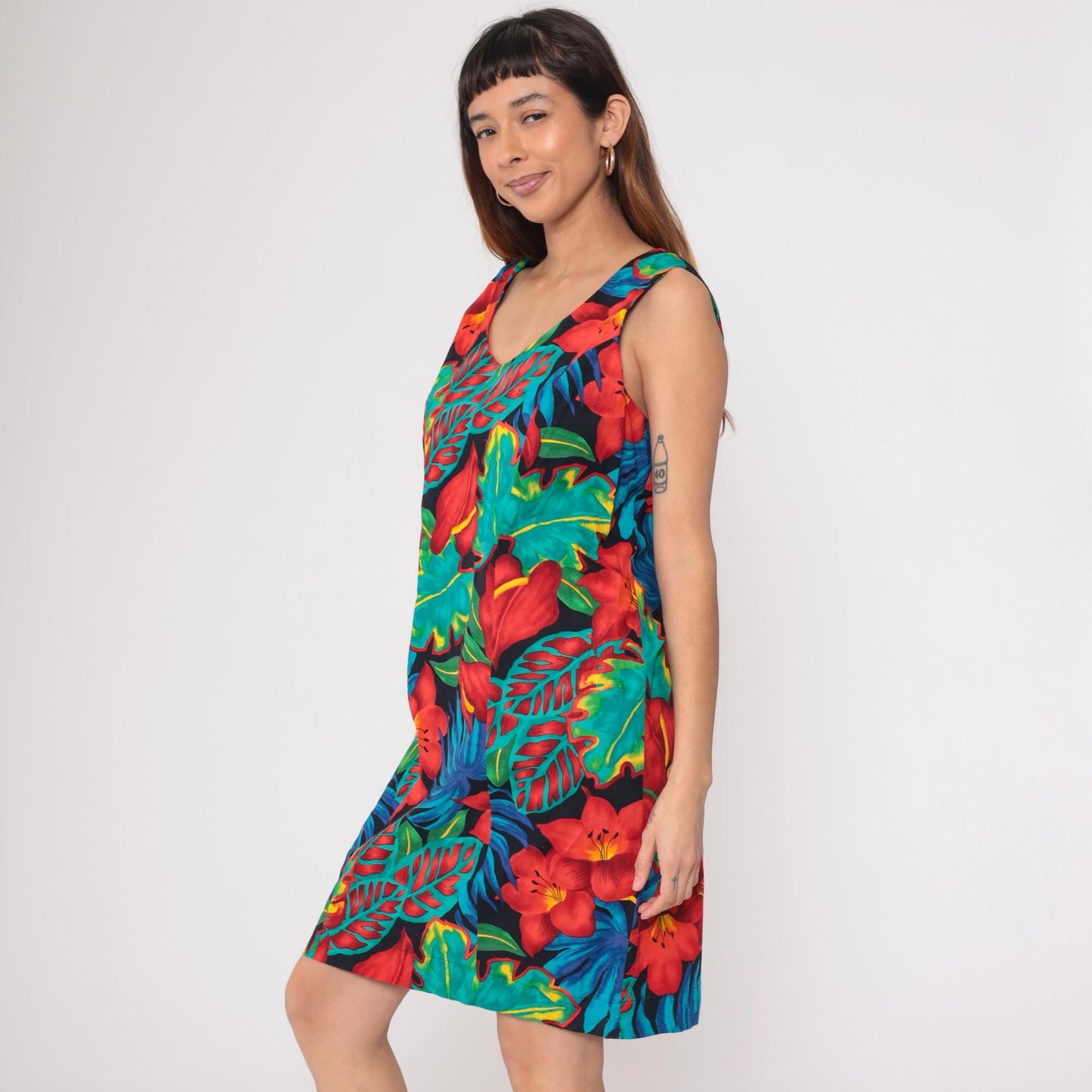 90s Black Tropical Floral Shift Dress Knee Length Sleeveless Large L