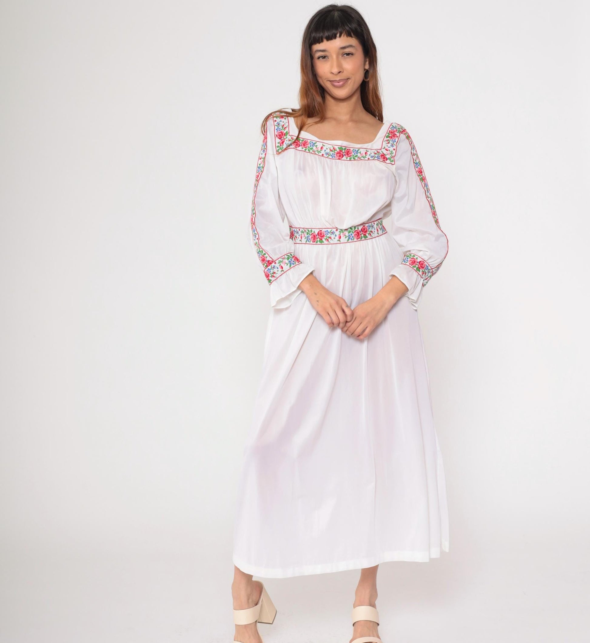 70s Sears Sheer White Floral Embroidered Maxi Nightgown High Waist Large