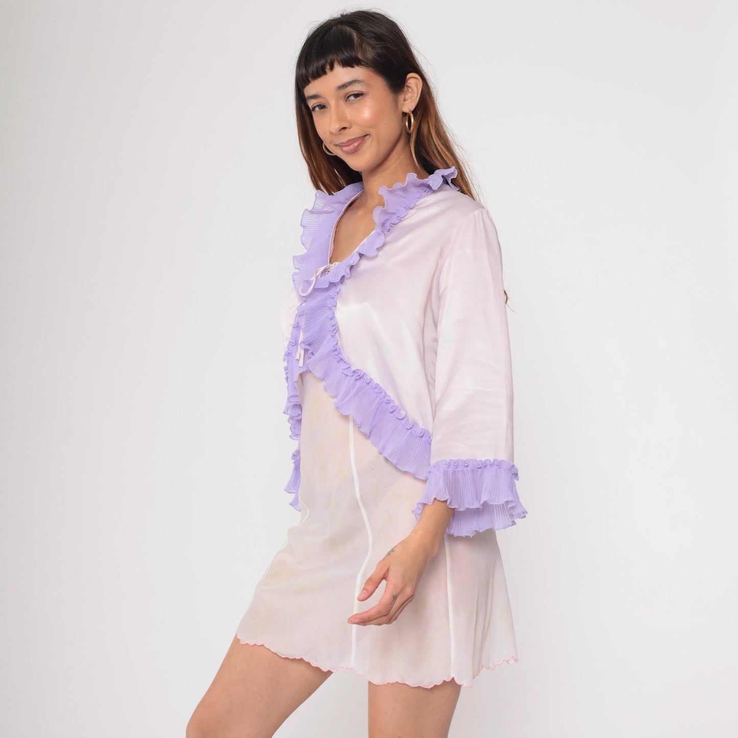 90s Mary McFadden Bed Jacket Pale Pink Lavender Ruffled Tie Front Small