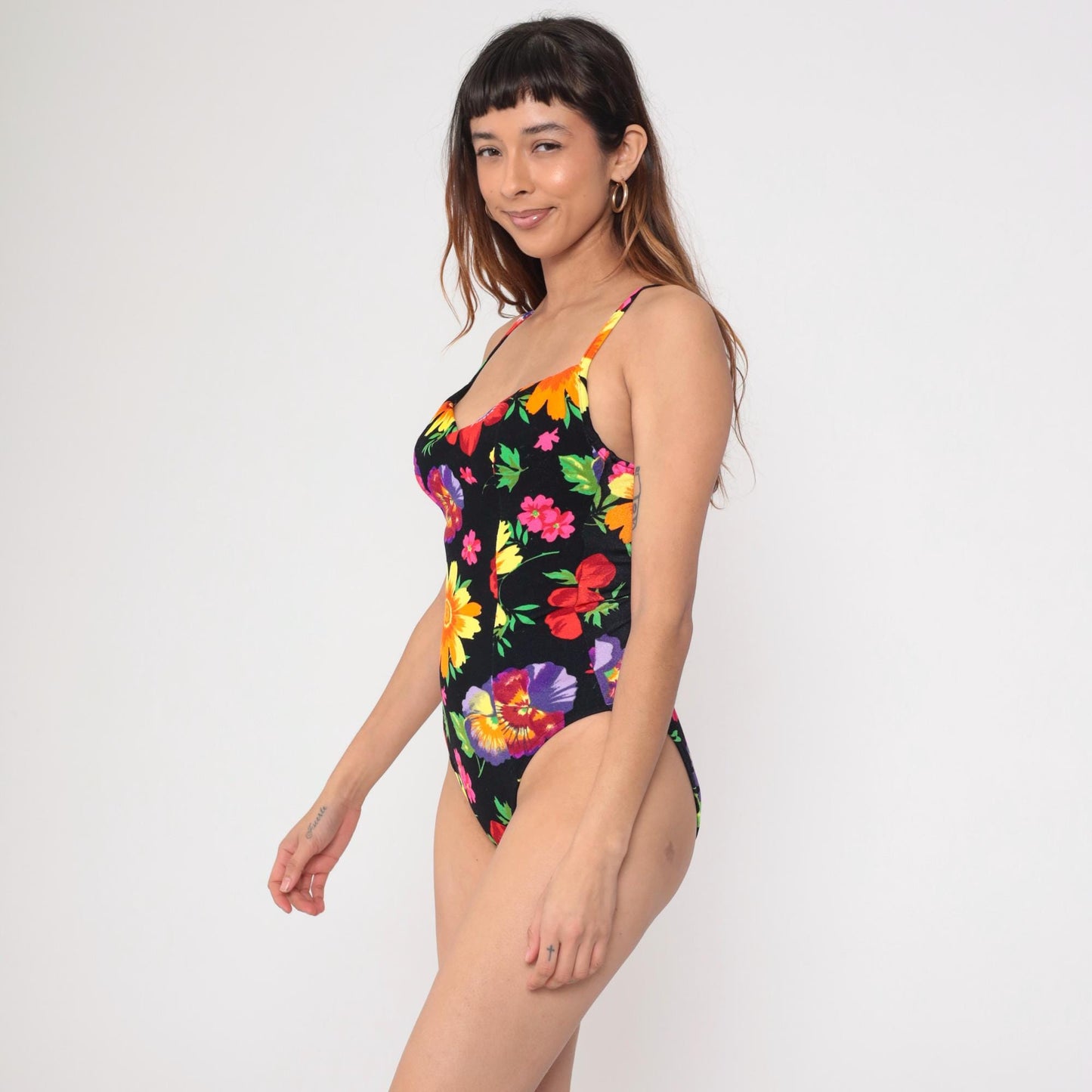 90s Floral One-Piece Swimsuit Black Scoop Back Tropical Print Small Medium